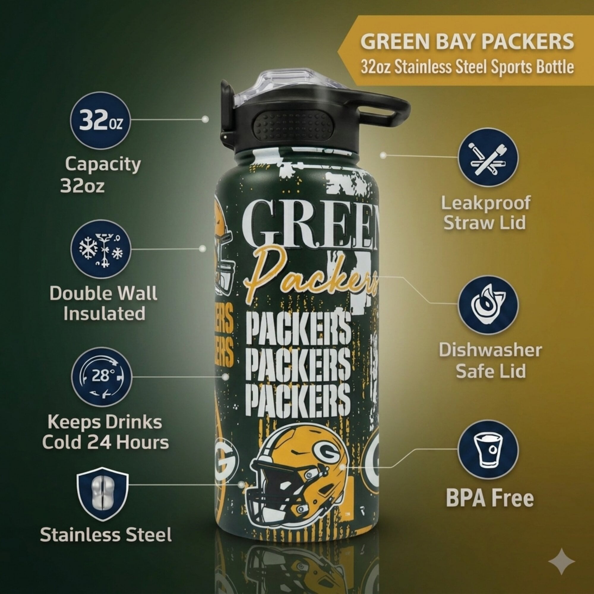 Gourde Pegasus Green Bay Packers 32 oz Home Field Mashup en acier inoxydable ProPress