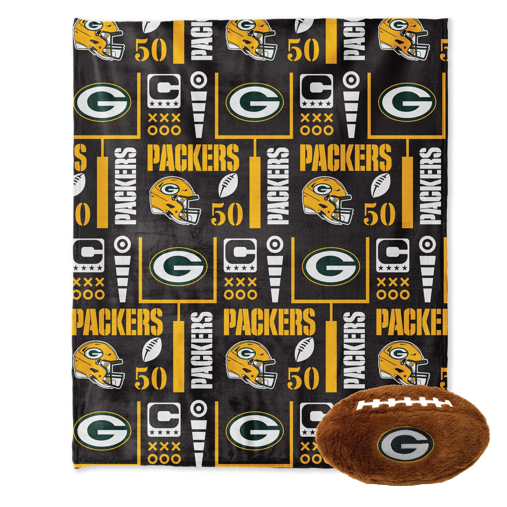 Pegasus Green Bay Packers 50" x 60" Blackout Team Spirit Ultra Soft Throw & Plush Football Combo Pack