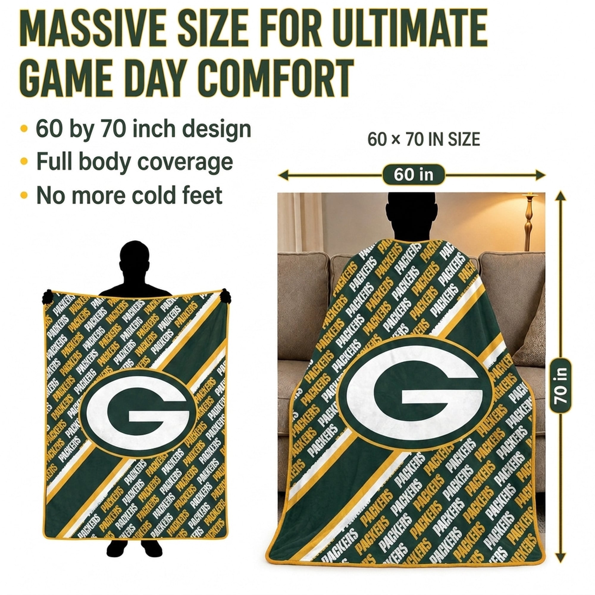 Couverture ultra douce Pegasus Green Bay Packers 60" x 70" (diagonale) avec logo et doublure