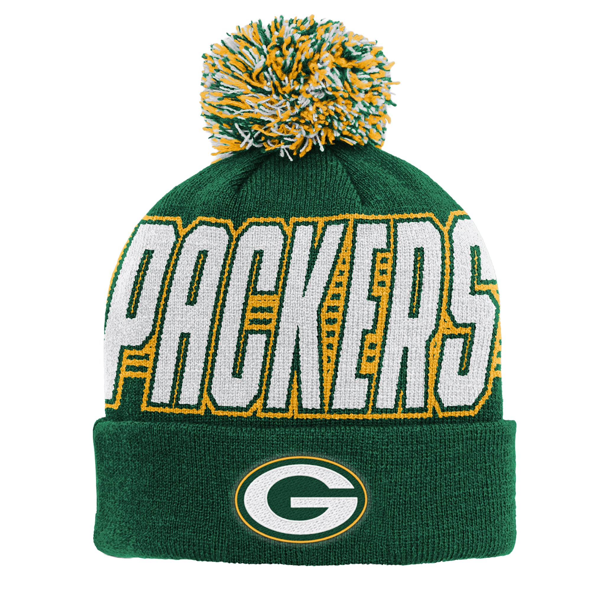 Bonnet tricoté à revers vert Green Bay Packers pour enfants d'âge préscolaire avec pompon