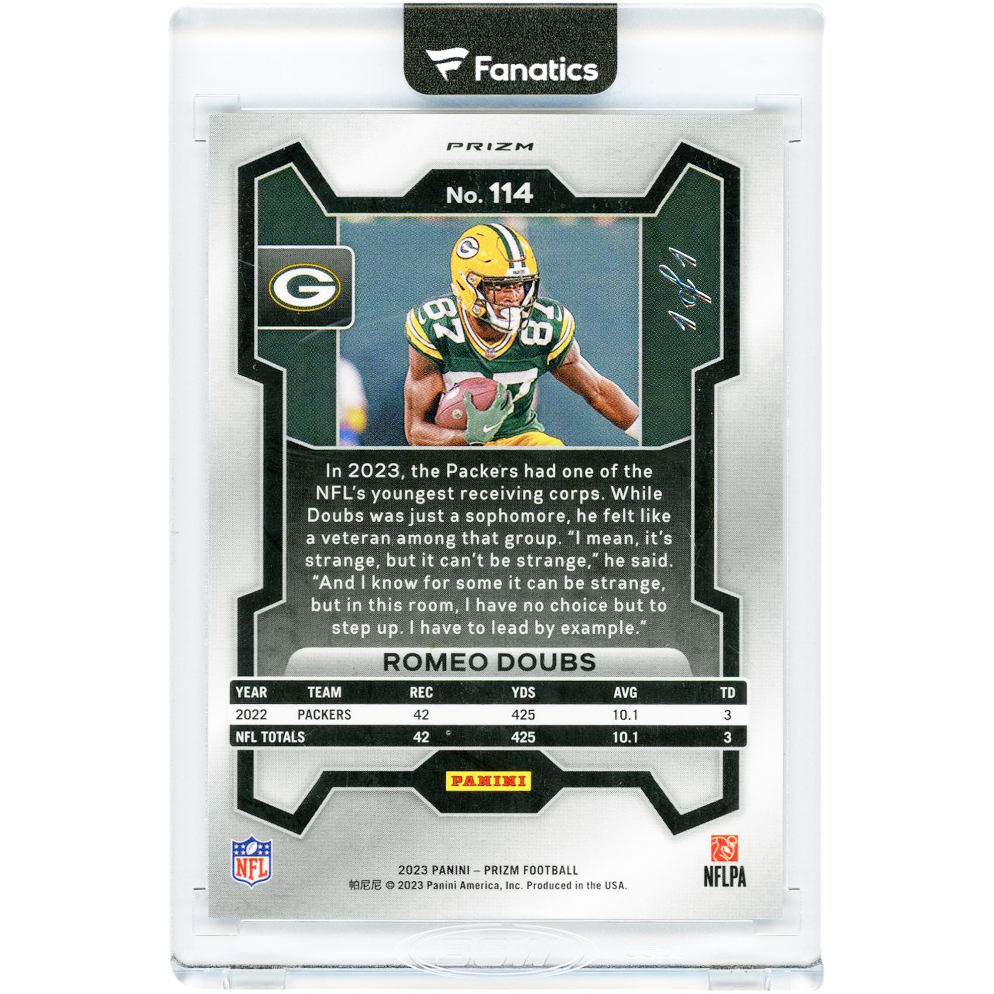 Carte Romeo Doubs Green Bay Packers 2023 Panini Prizm Black Shimmer Prizm n° 114 n° 1/1