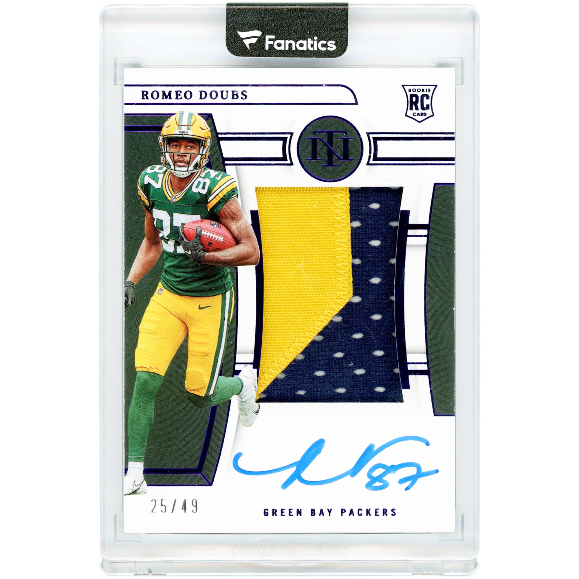 Carte de recrue autographiée de Romeo Doubs (Green Bay Packers) 2022 Panini National Treasures Purple Dual-Color Jersey Relic #194 #25/49