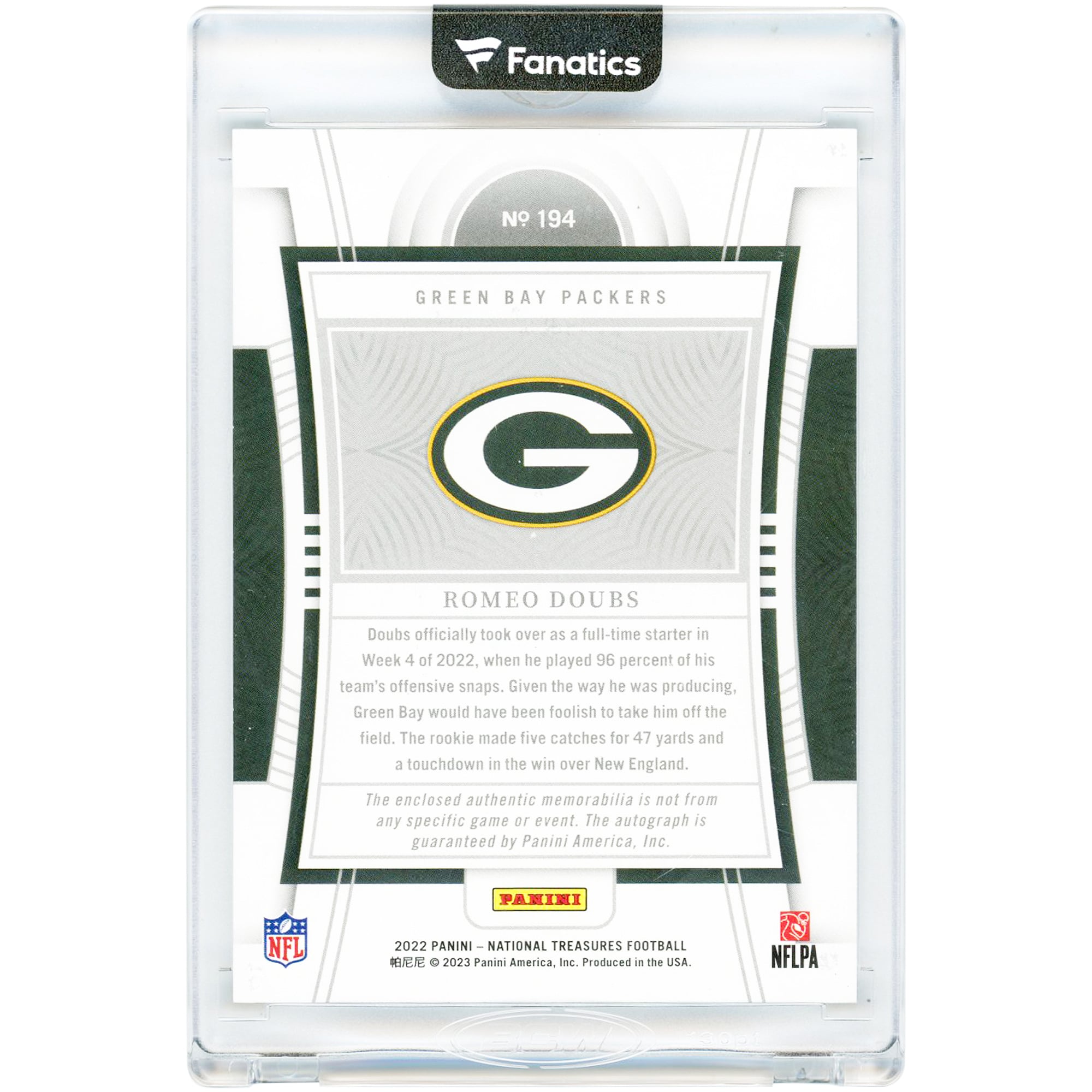Carte de recrue autographiée de Romeo Doubs (Green Bay Packers) 2022 Panini National Treasures Purple Dual-Color Jersey Relic #194 #25/49