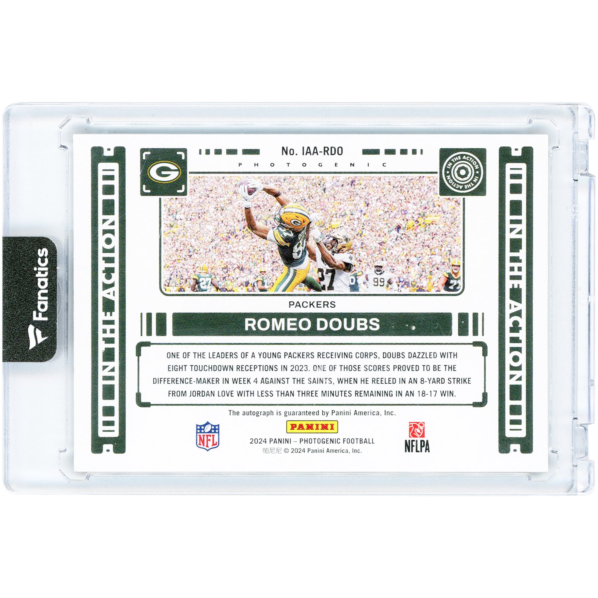 Carte autographiée Romeo Doubs des Green Bay Packers 2024 Panini Photogenic In The Action Black #IAA-RDO #1/1