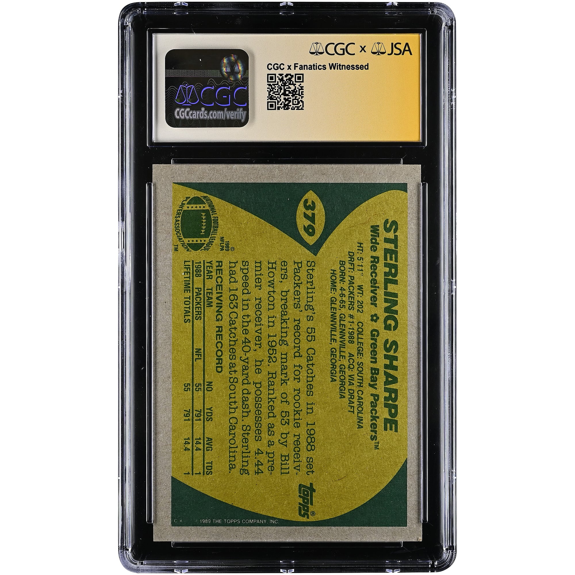 Carte de recrue autographiée de Sterling Sharpe (Green Bay Packers) de 1989, Topps n° 379, authentifiée CGC 9/10