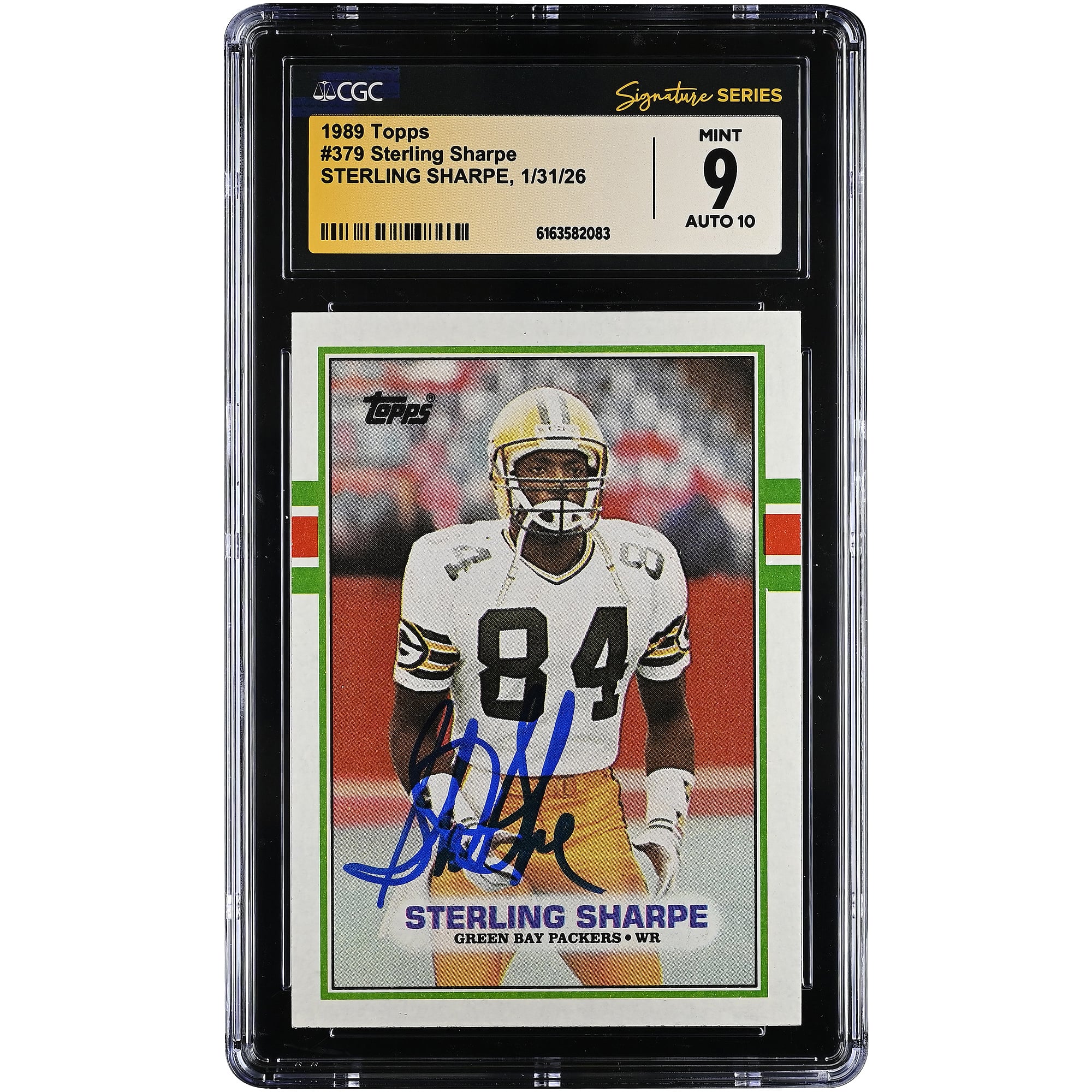 Carte de recrue autographiée de Sterling Sharpe (Green Bay Packers) de 1989, Topps n° 379, authentifiée CGC 9/10