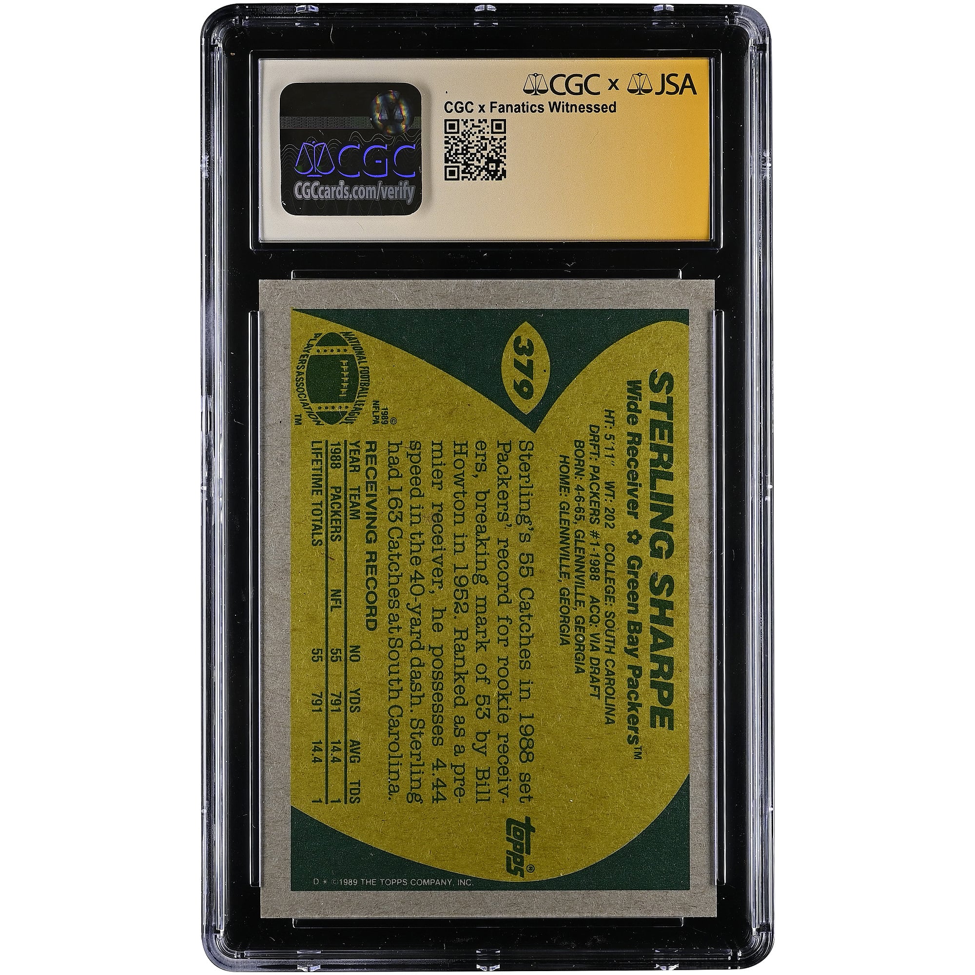 Sterling Sharpe Green Bay Packers Autographed 1989 Topps #379 CGC Authenticated /10 Rookie Card