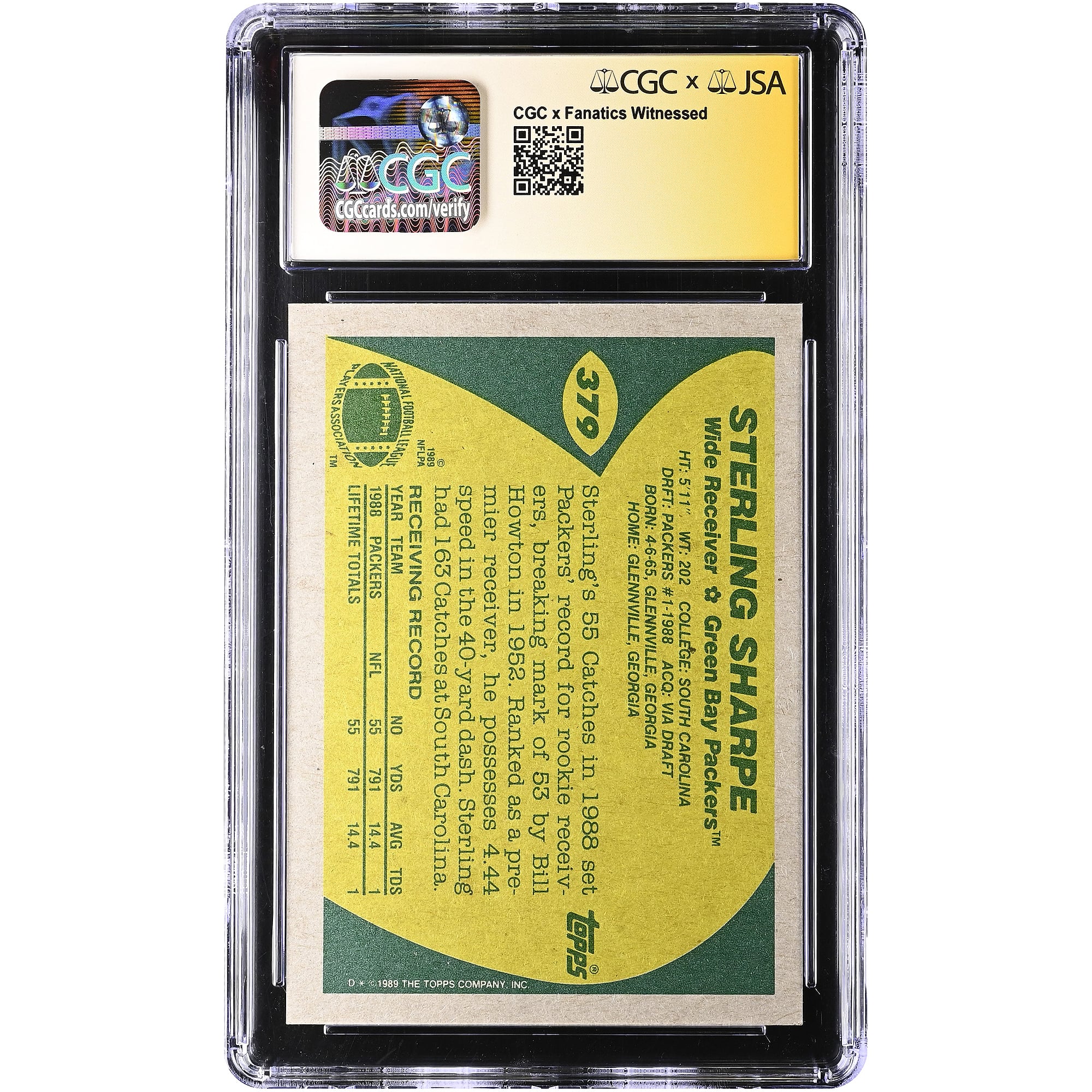 Sterling Sharpe Green Bay Packers Autographed 1989 Topps #379 CGC Authenticated Auto 10 Rookie Card with "HOF 25" Inscription