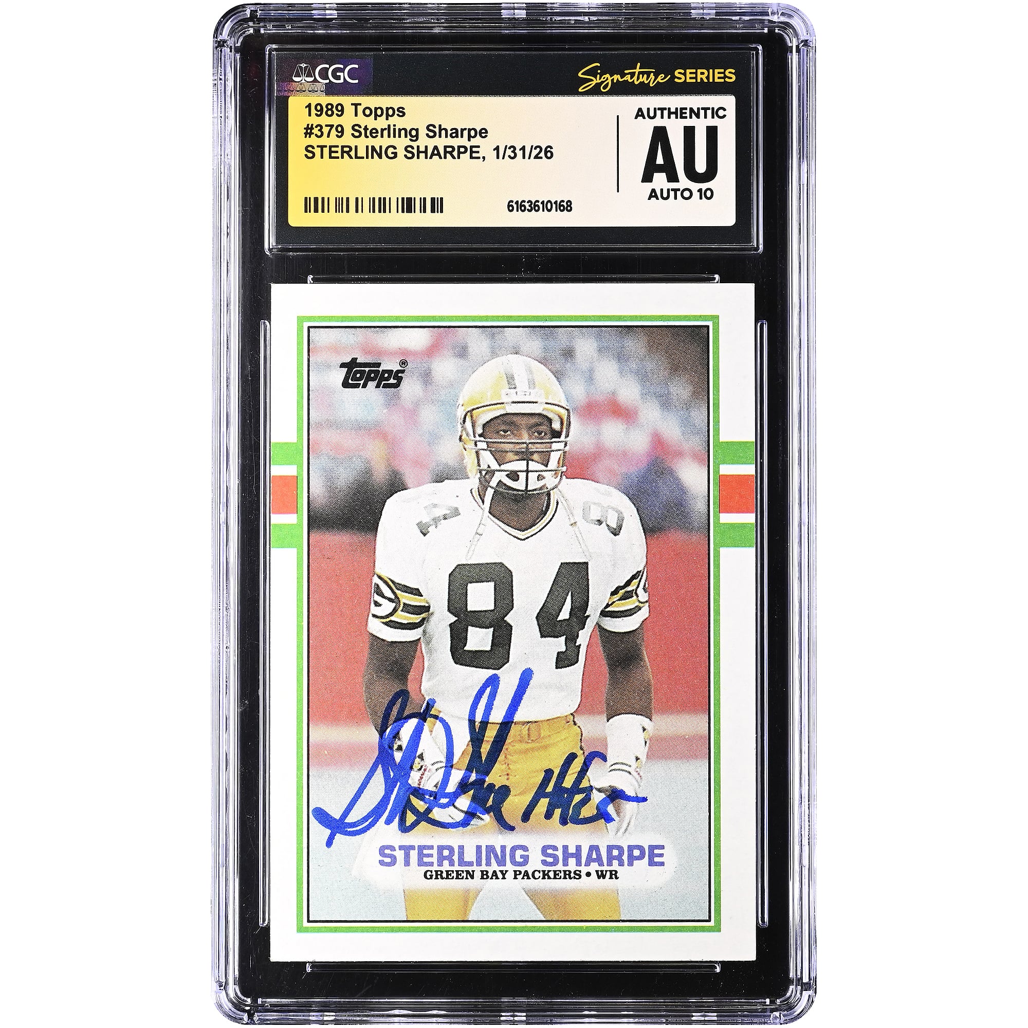 Sterling Sharpe Green Bay Packers Autographed 1989 Topps #379 CGC Authenticated Auto 10 Rookie Card with "HOF 25" Inscription