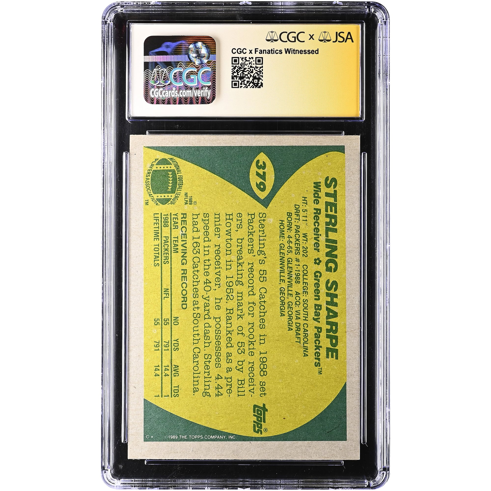 Sterling Sharpe Green Bay Packers Autographed 1989 Topps #379 CGC Authenticated Auto 10 Rookie Card