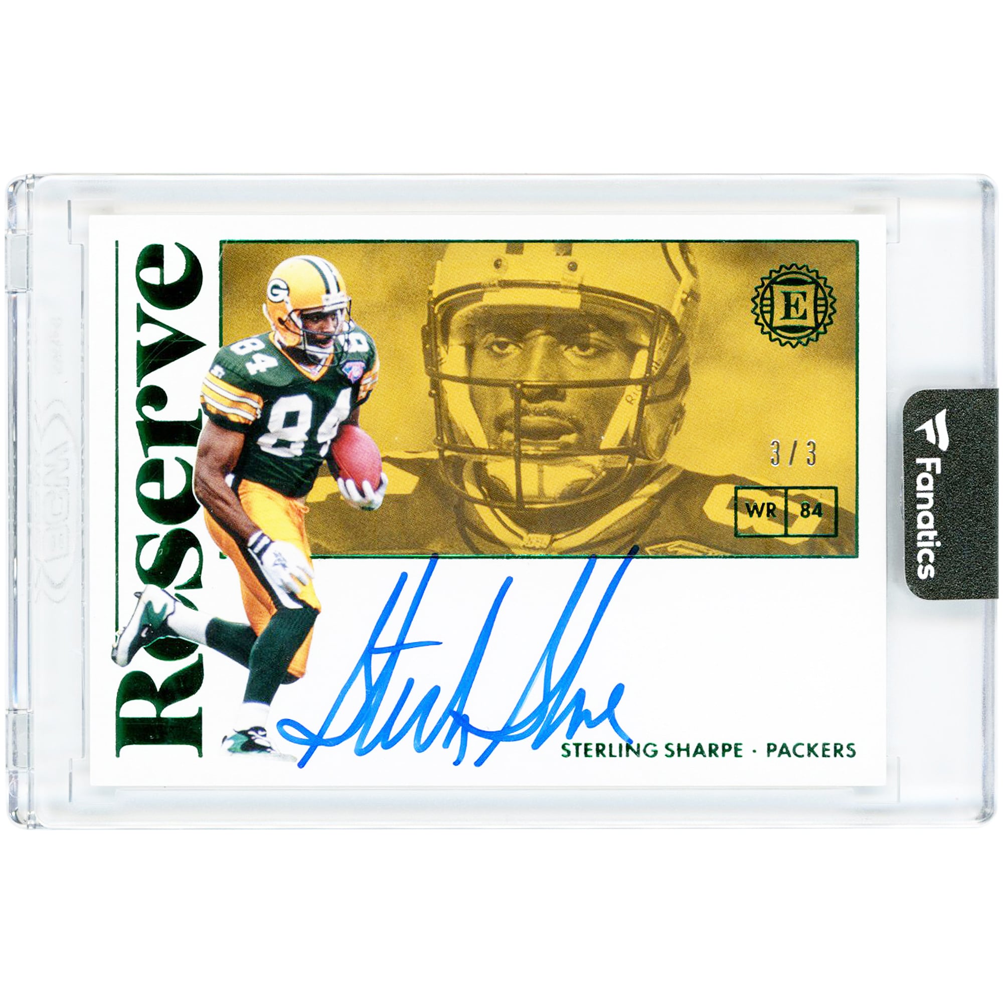 Sterling Sharpe Green Bay Packers Autographed 2018 Panini Encased Reserve Emerald #RS-SH #3/3 Card