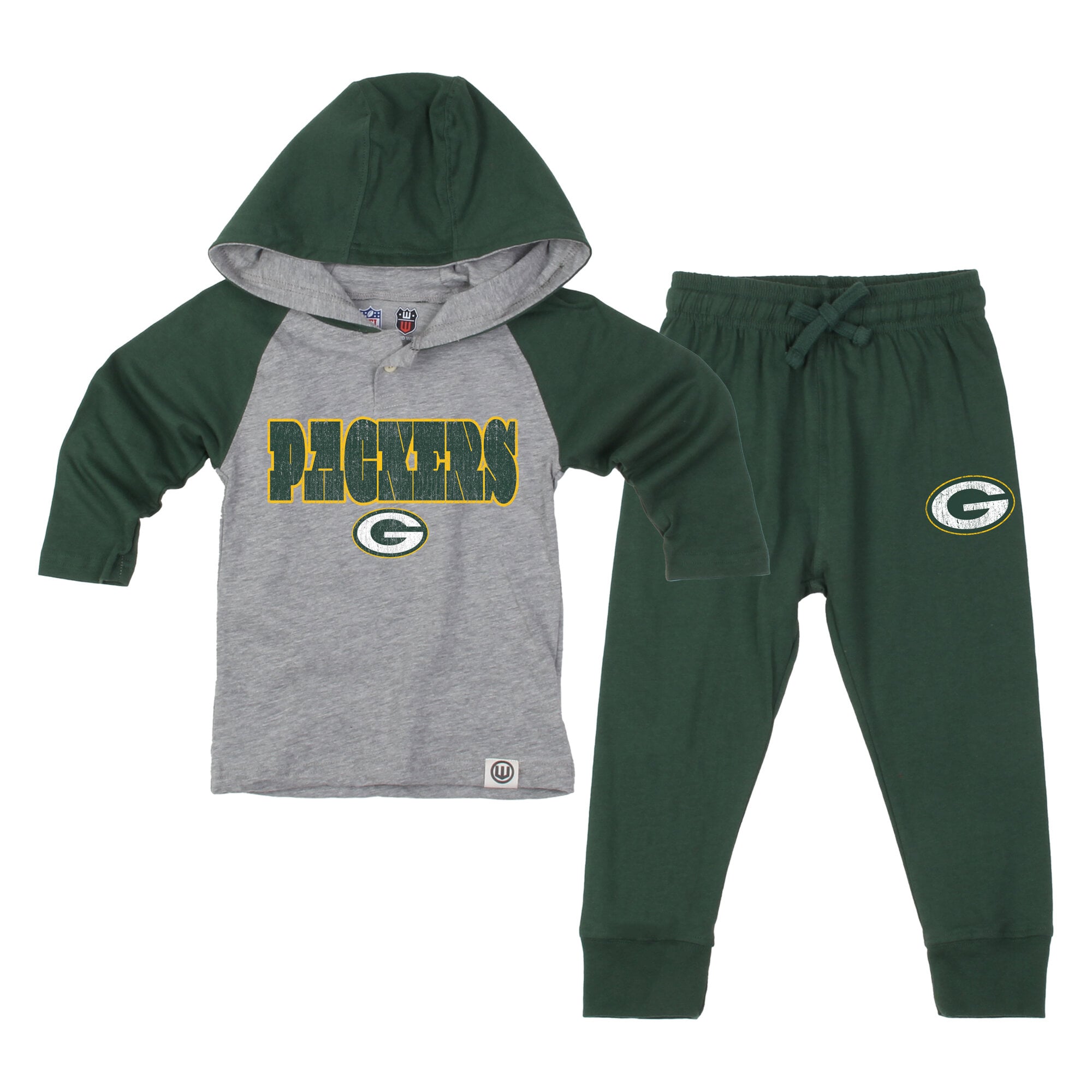 Toddler Wes & Willy Heather Gray/Green Green Bay Packers Henley Hoodie Sweatpants Set