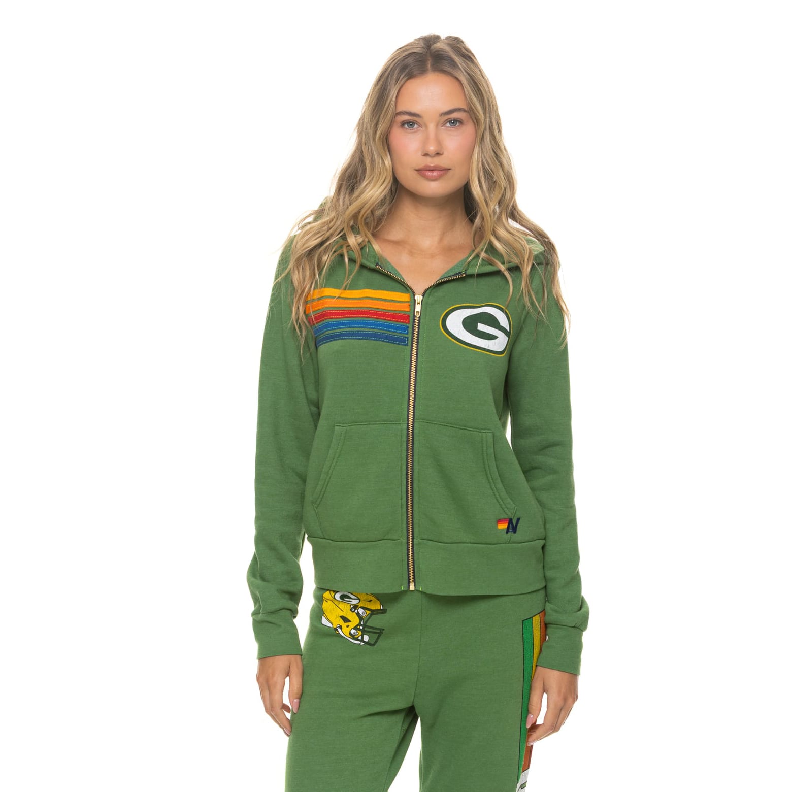 Sweat à capuche unisexe Aviator Nation vert Green Bay Packers en mélange de trois matières, fermeture éclair intégrale