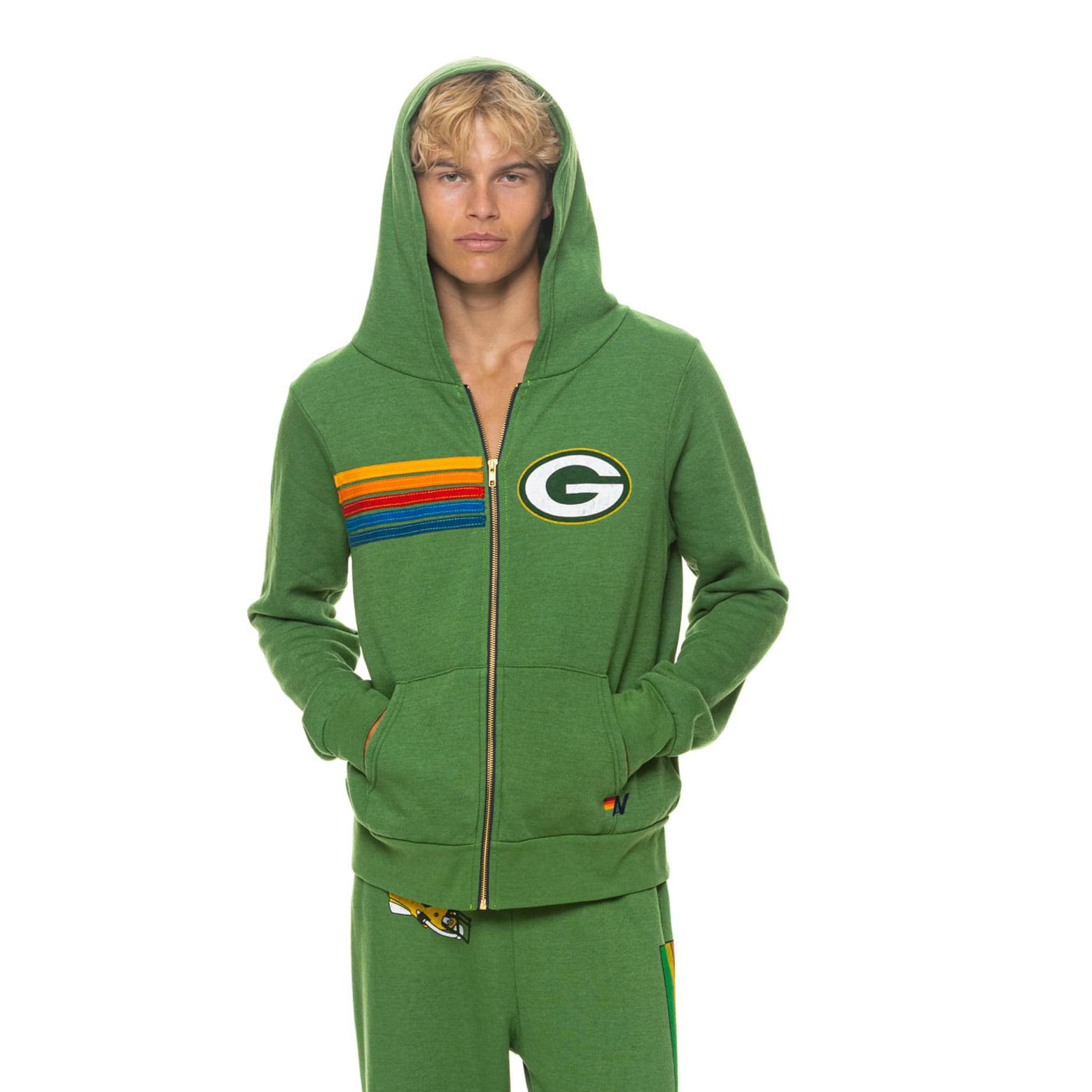 Sweat à capuche unisexe Aviator Nation vert Green Bay Packers en mélange de trois matières, fermeture éclair intégrale