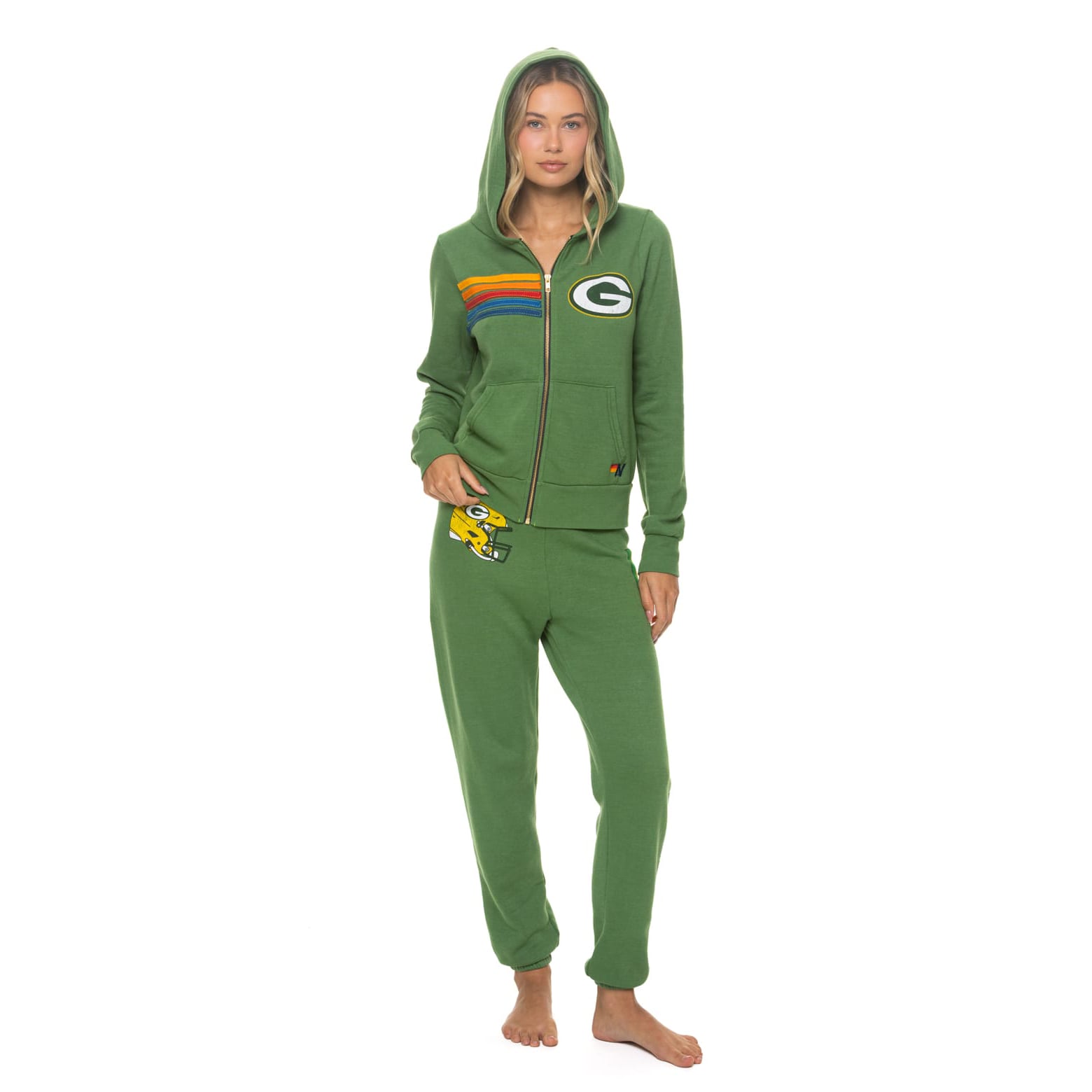 Sweat à capuche unisexe Aviator Nation vert Green Bay Packers en mélange de trois matières, fermeture éclair intégrale