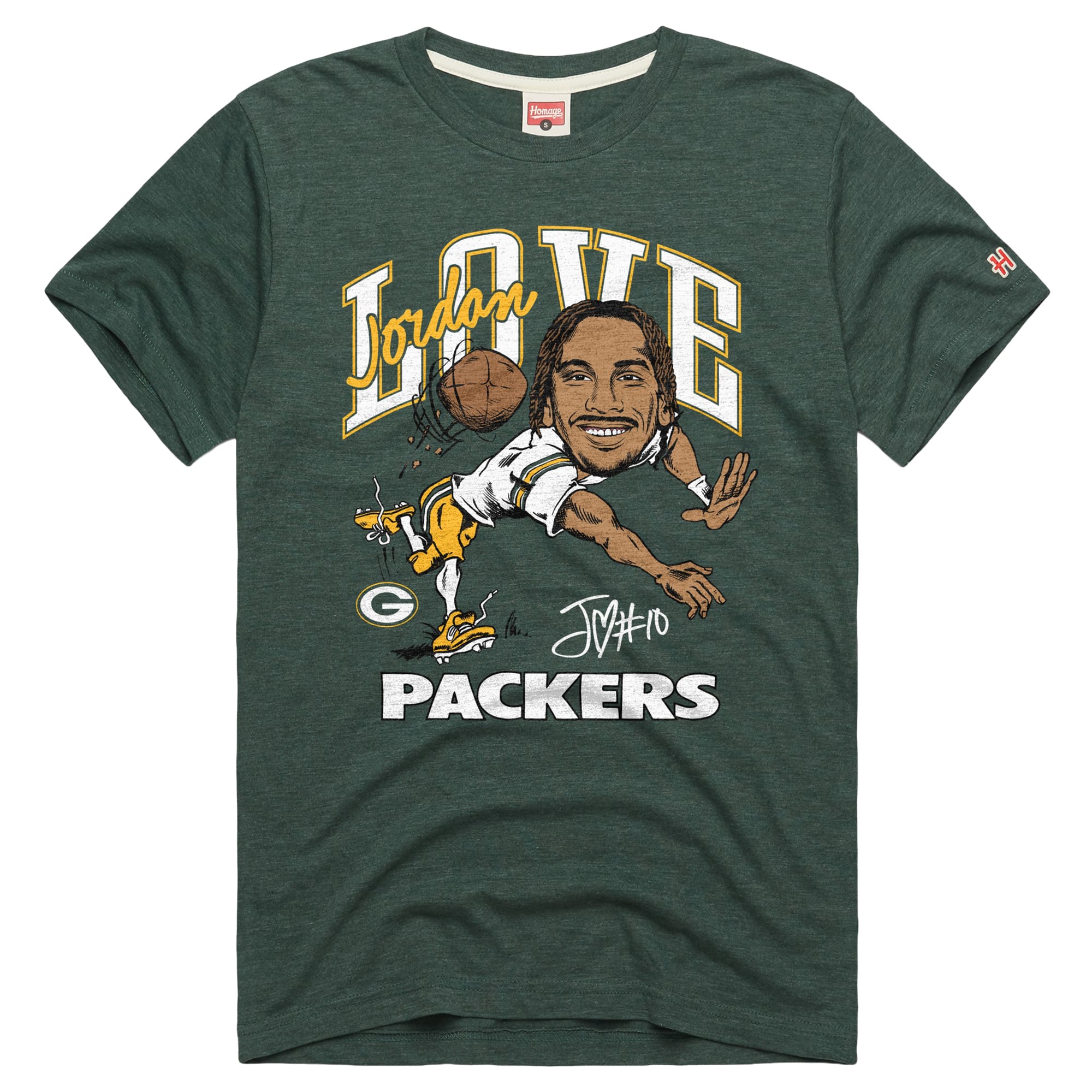 T-shirt unisexe en mélange de trois matières, hommage à Jordan Love, joueur des Green Bay Packers, avec caricature du joueur.