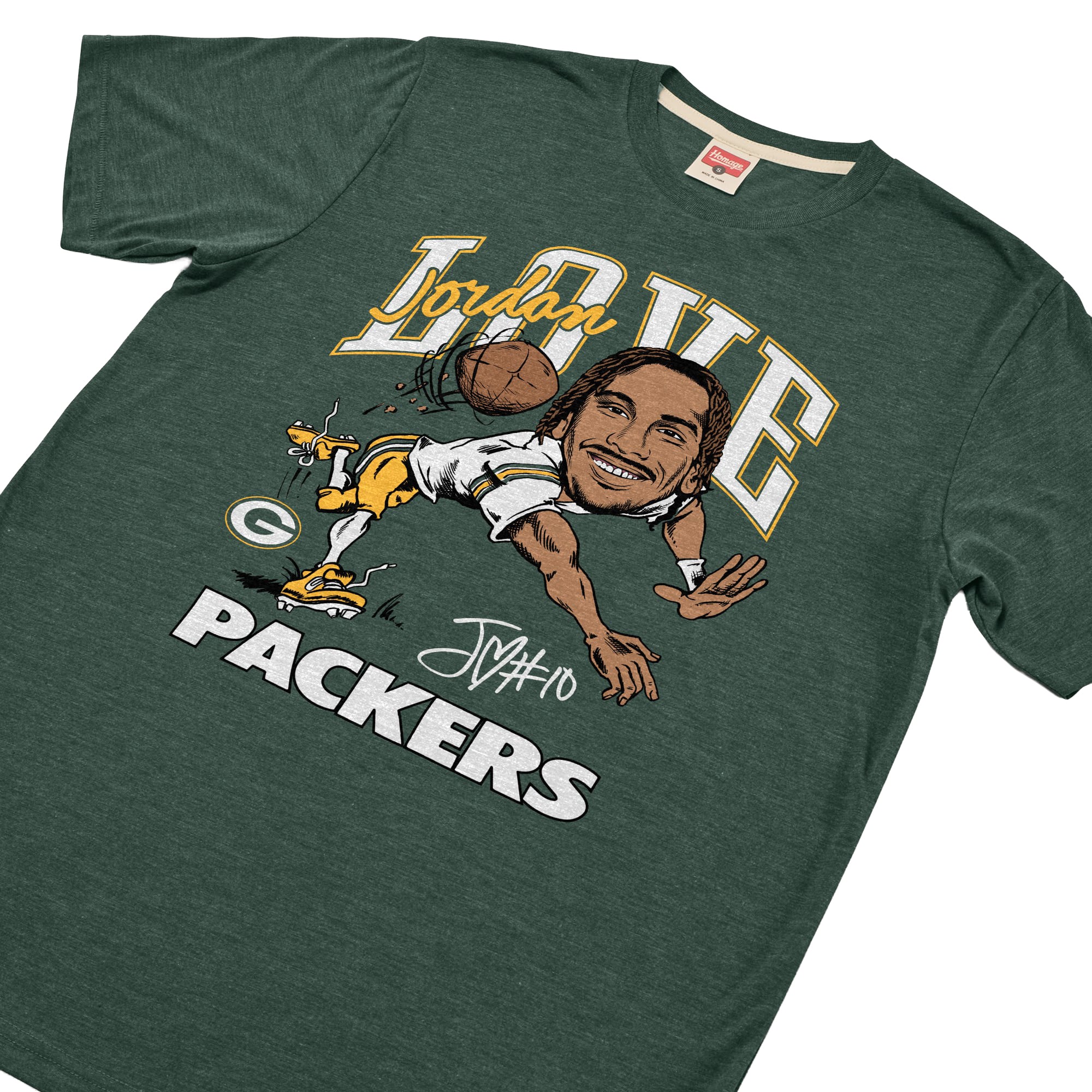 T-shirt unisexe en mélange de trois matières, hommage à Jordan Love, joueur des Green Bay Packers, avec caricature du joueur.