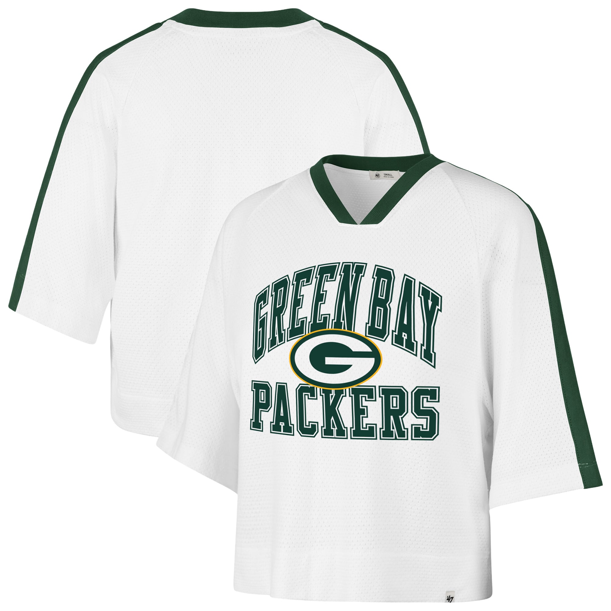 T-shirt raglan à col en V pour femme, modèle 47 blanc Green Bay Packers.