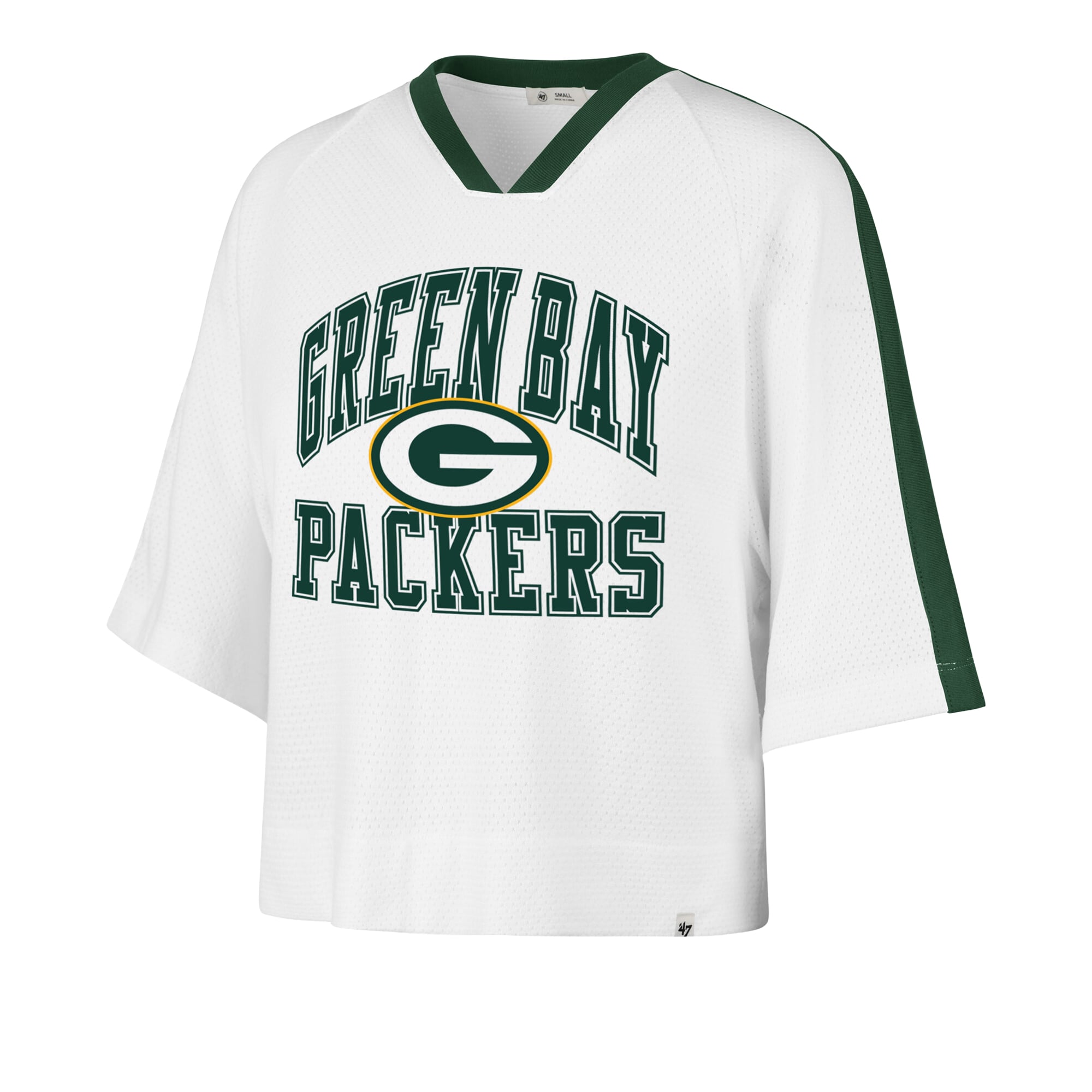 T-shirt raglan à col en V pour femme, modèle 47 blanc Green Bay Packers.