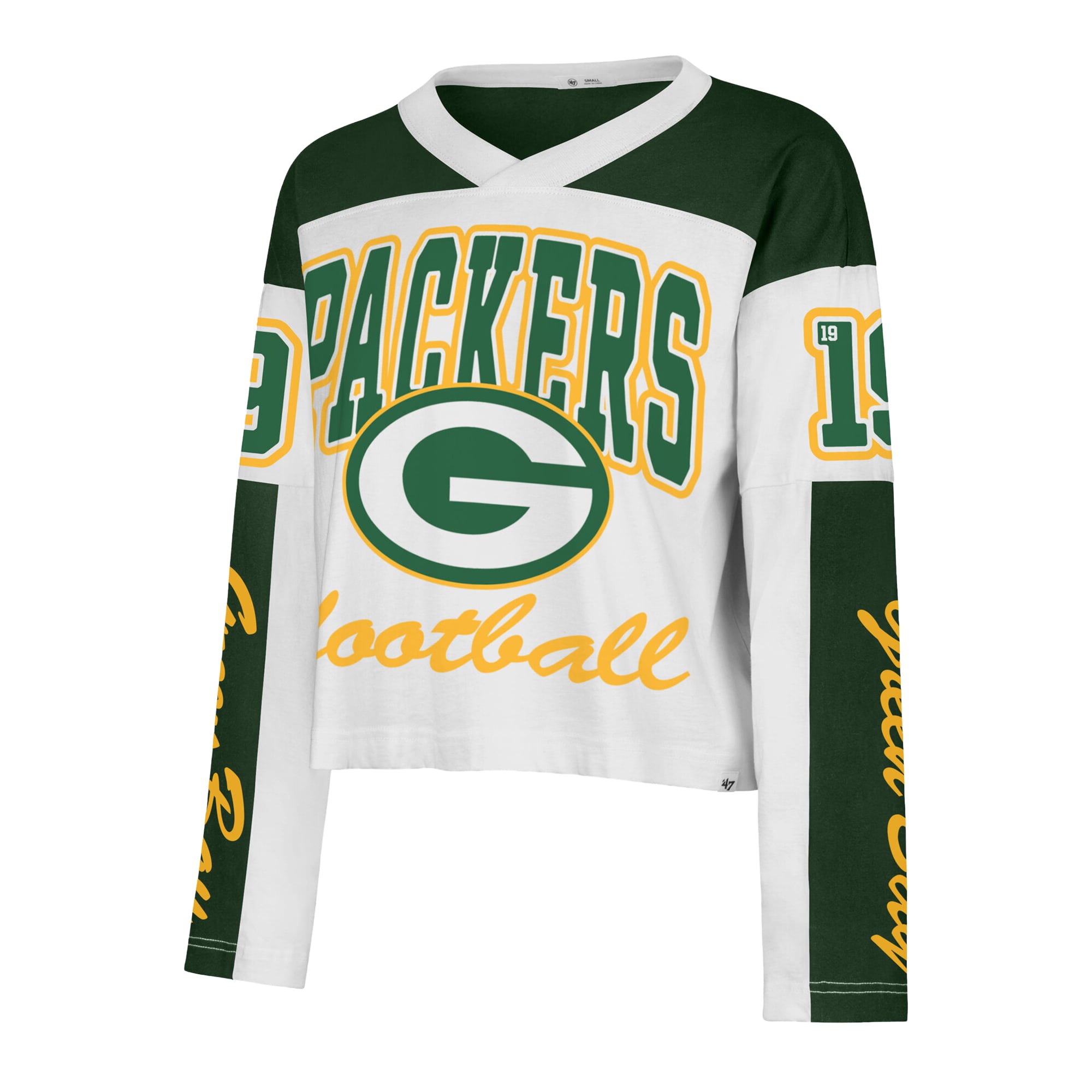 T-shirt à manches longues et col en V blanc Green Bay Packers '47 pour femme