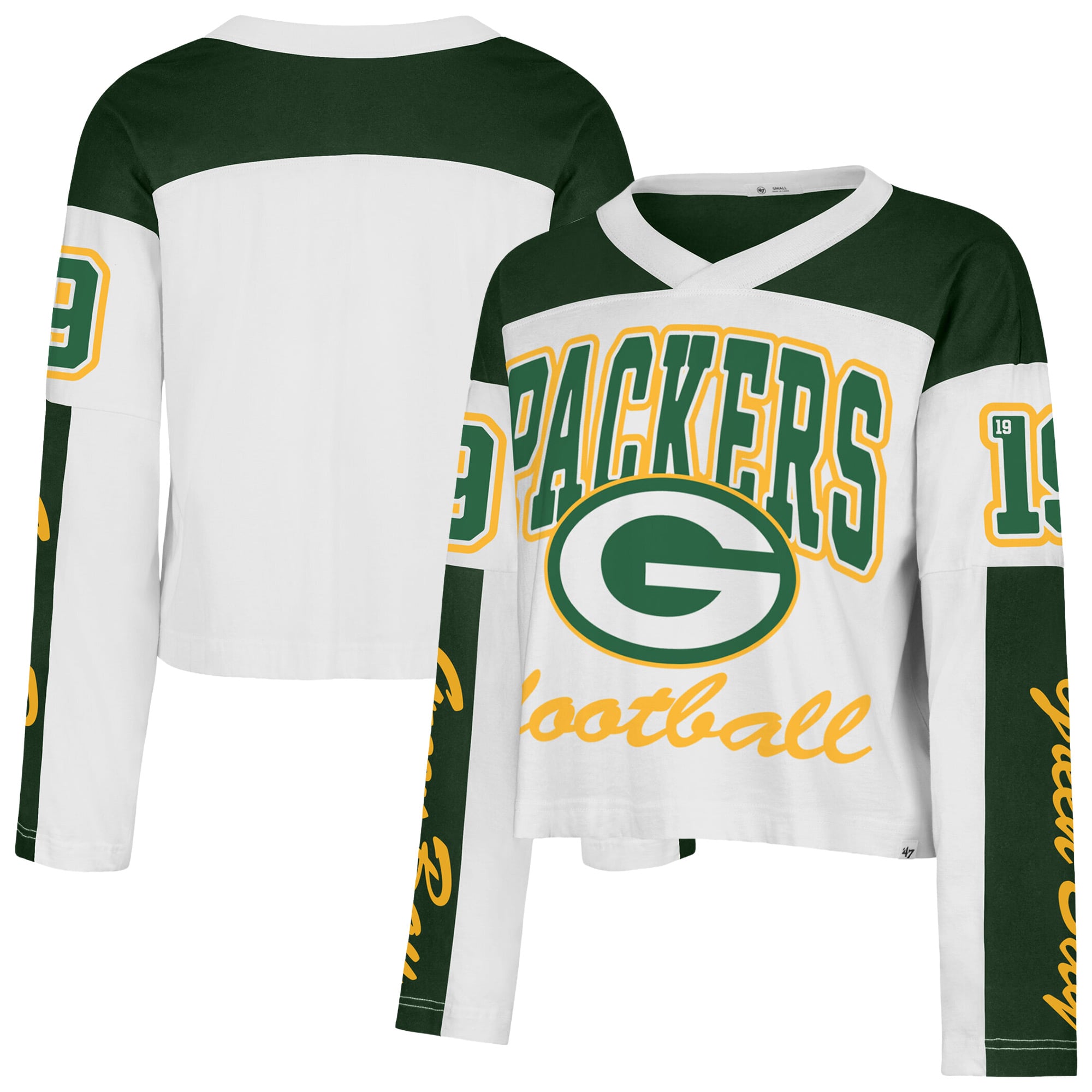 T-shirt à manches longues et col en V blanc Green Bay Packers '47 pour femme