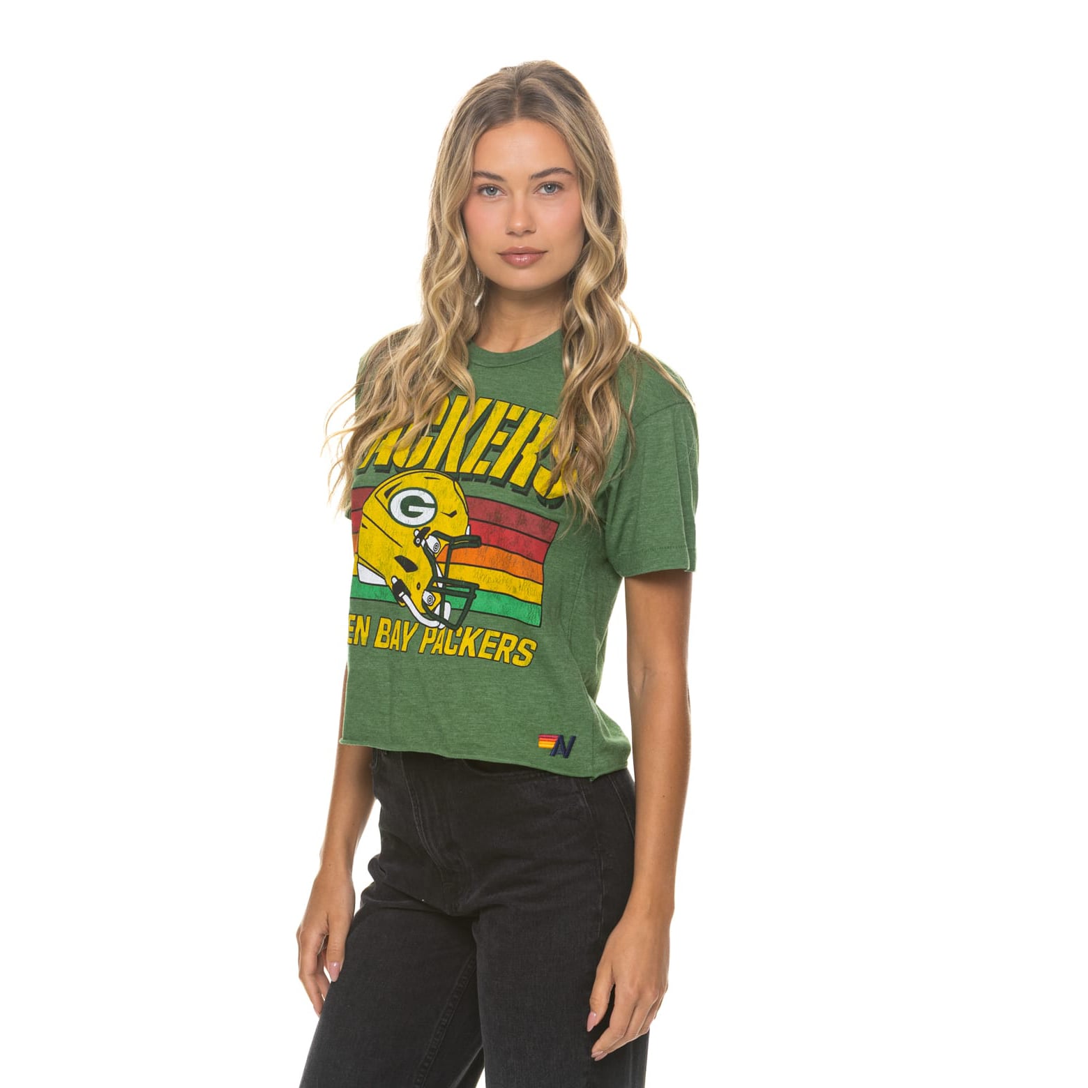 T-shirt Aviator Nation vert Green Bay Packers pour femme, coupe carrée, style boyfriend, en mélange de trois matières
