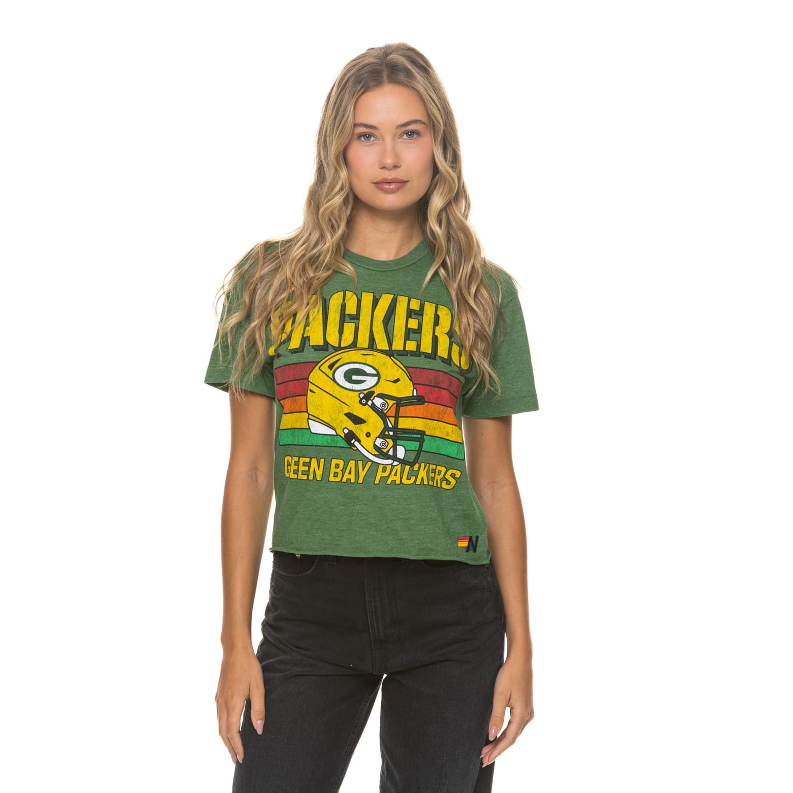 T-shirt Aviator Nation vert Green Bay Packers pour femme, coupe carrée, style boyfriend, en mélange de trois matières