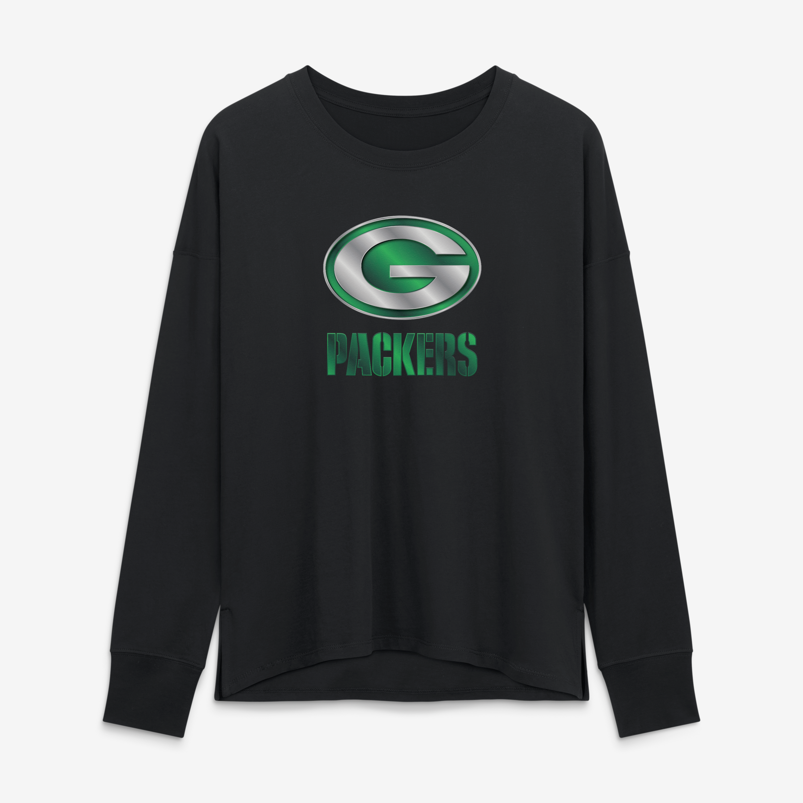 T-shirt à manches longues noir pour femmes Green Bay Packers avec mascotte métallique