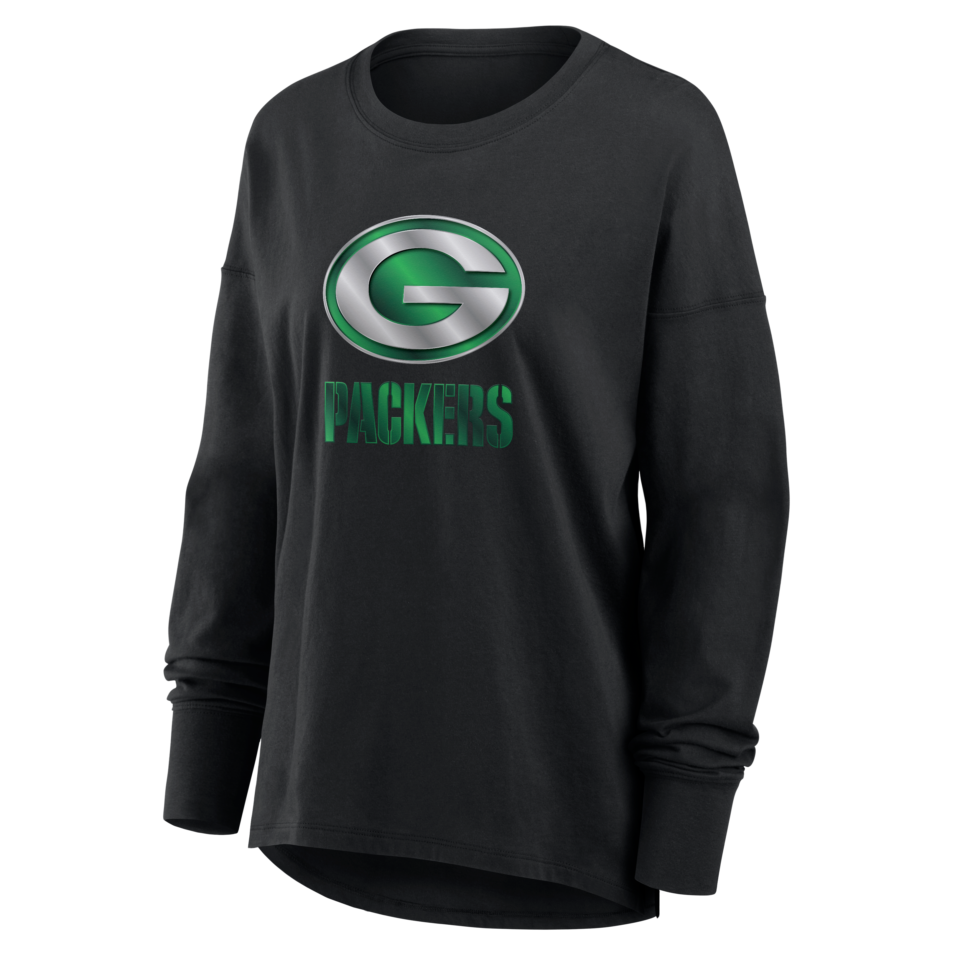 T-shirt à manches longues noir pour femmes Green Bay Packers avec mascotte métallique
