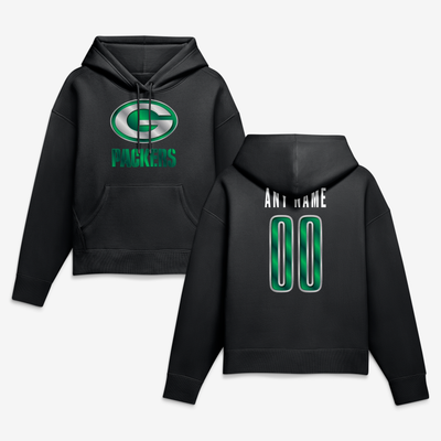 Green Bay Packers Women's Metallic Mascot Personalized Name & Number Hoodie - Black
