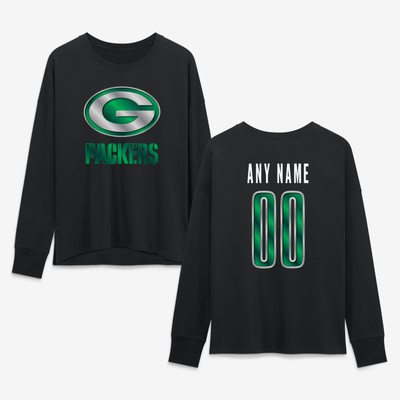 Green Bay Packers Women's Metallic Mascot Personalized Name & Number Long Sleeve T-Shirt - Black