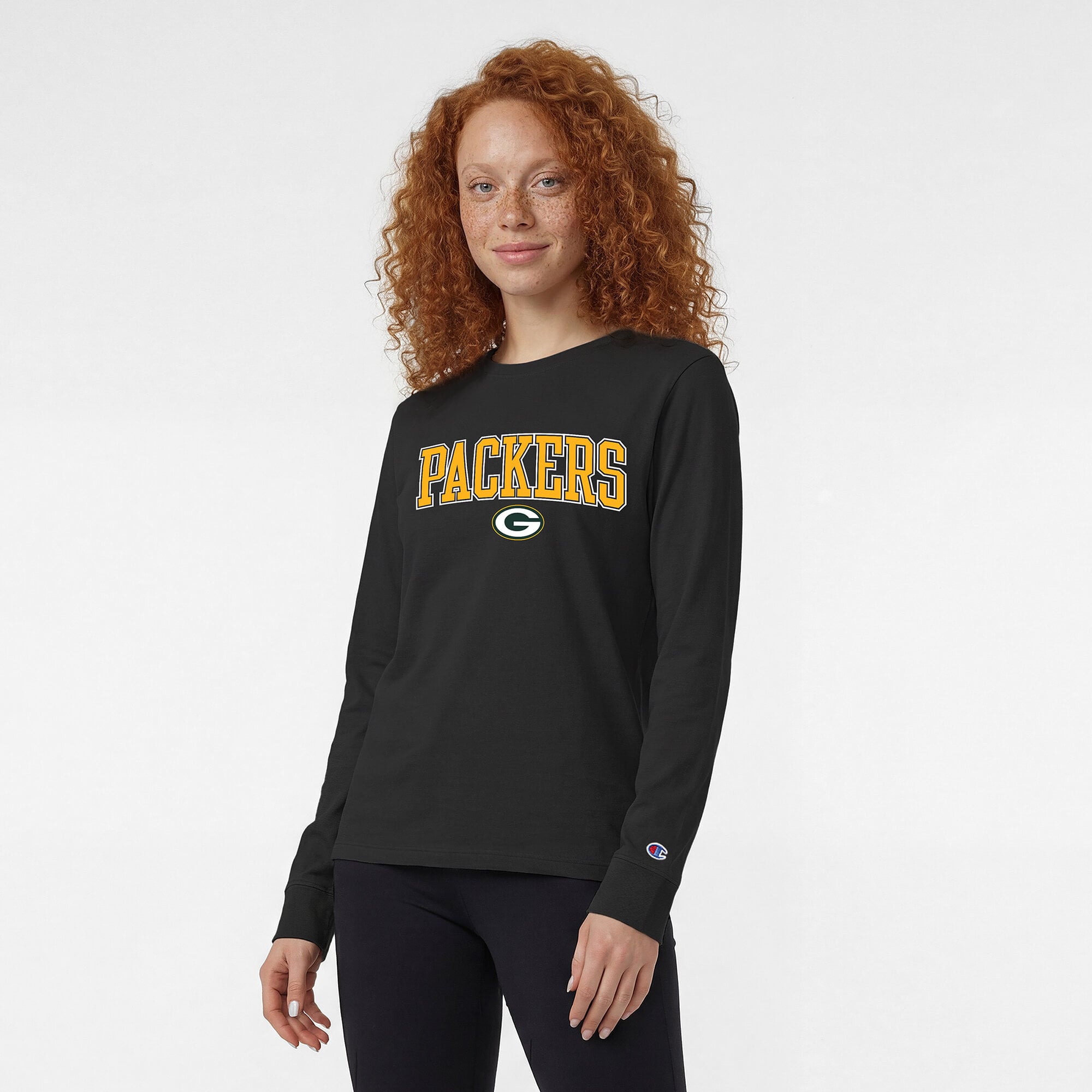 Women's Champion Black Green Bay Packers Core Logo Long Sleeve T-Shirt