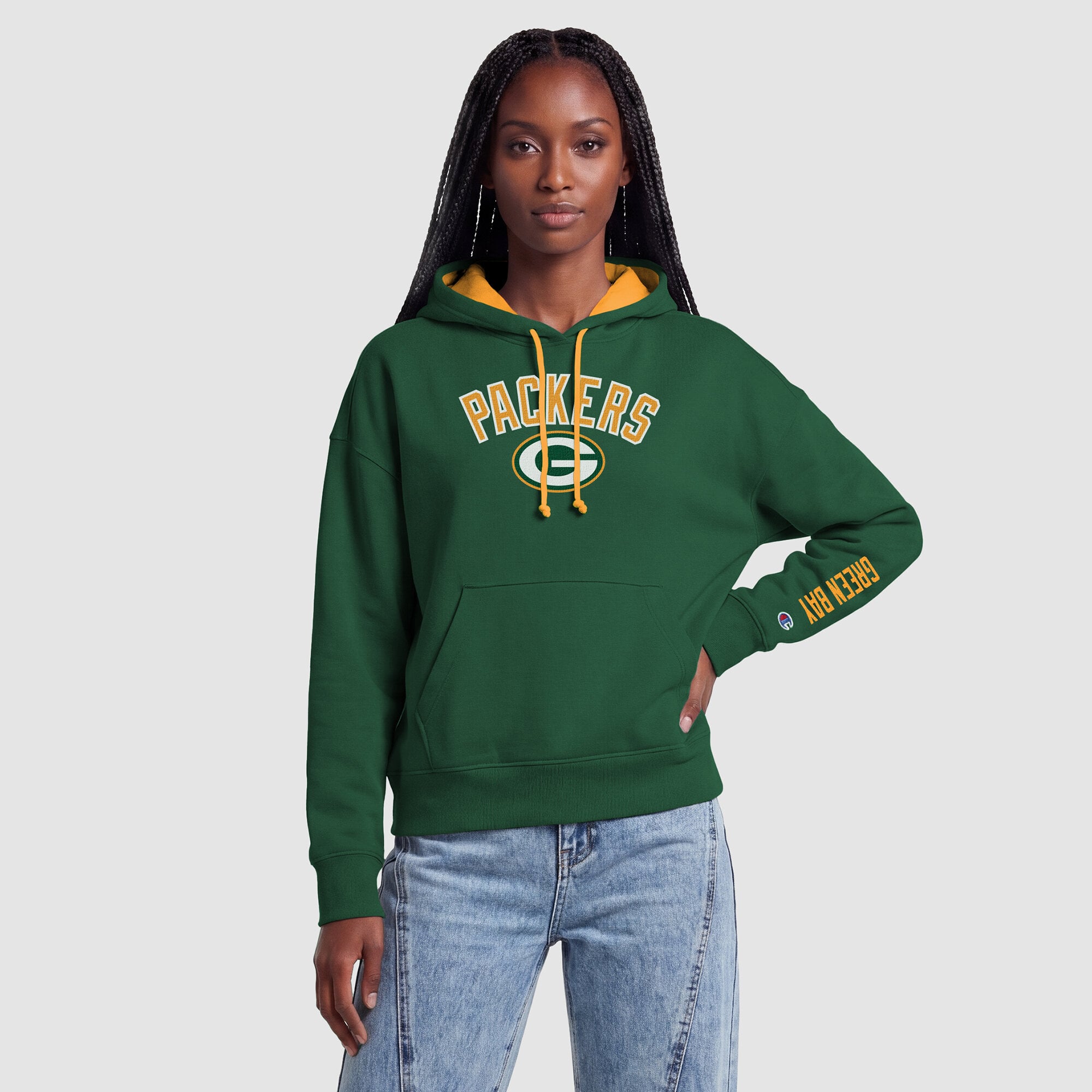 Sweat à capuche Champion vert et or Green Bay Packers pour femme avec doublure contrastée