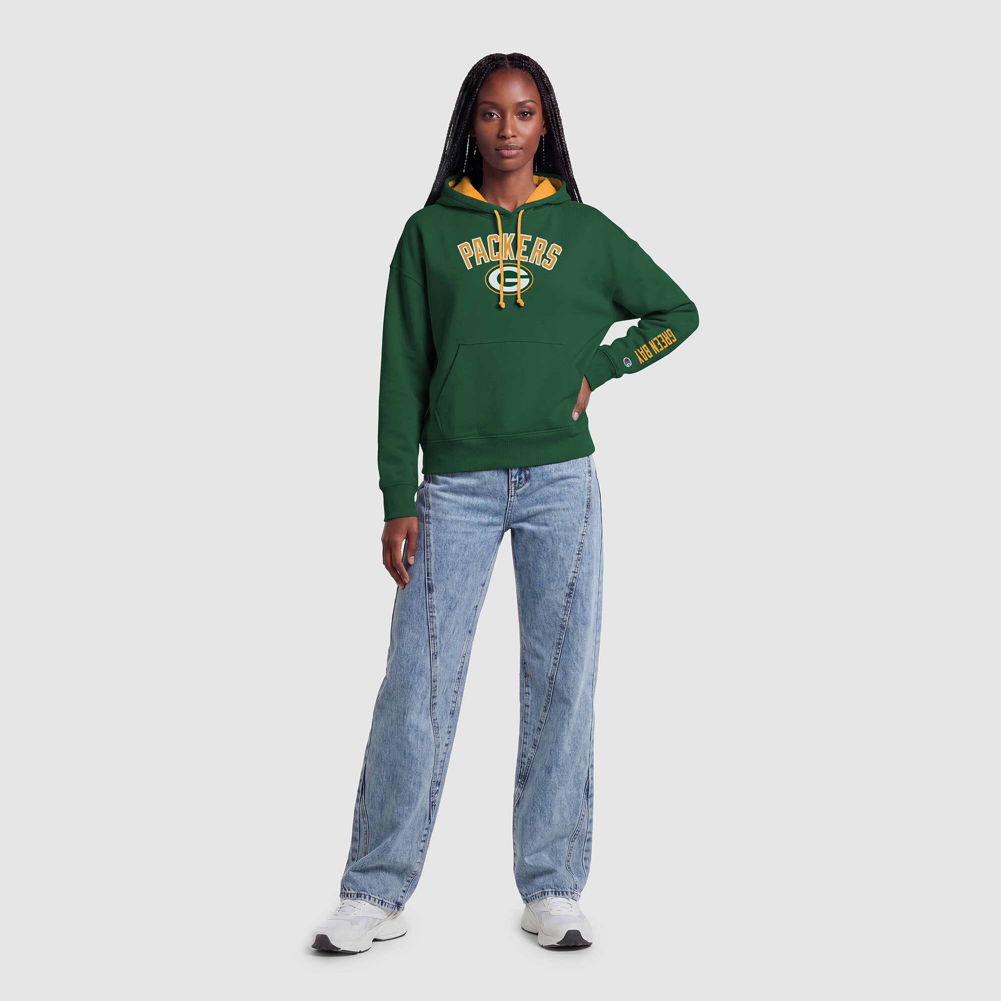 Sweat à capuche Champion vert et or Green Bay Packers pour femme avec doublure contrastée