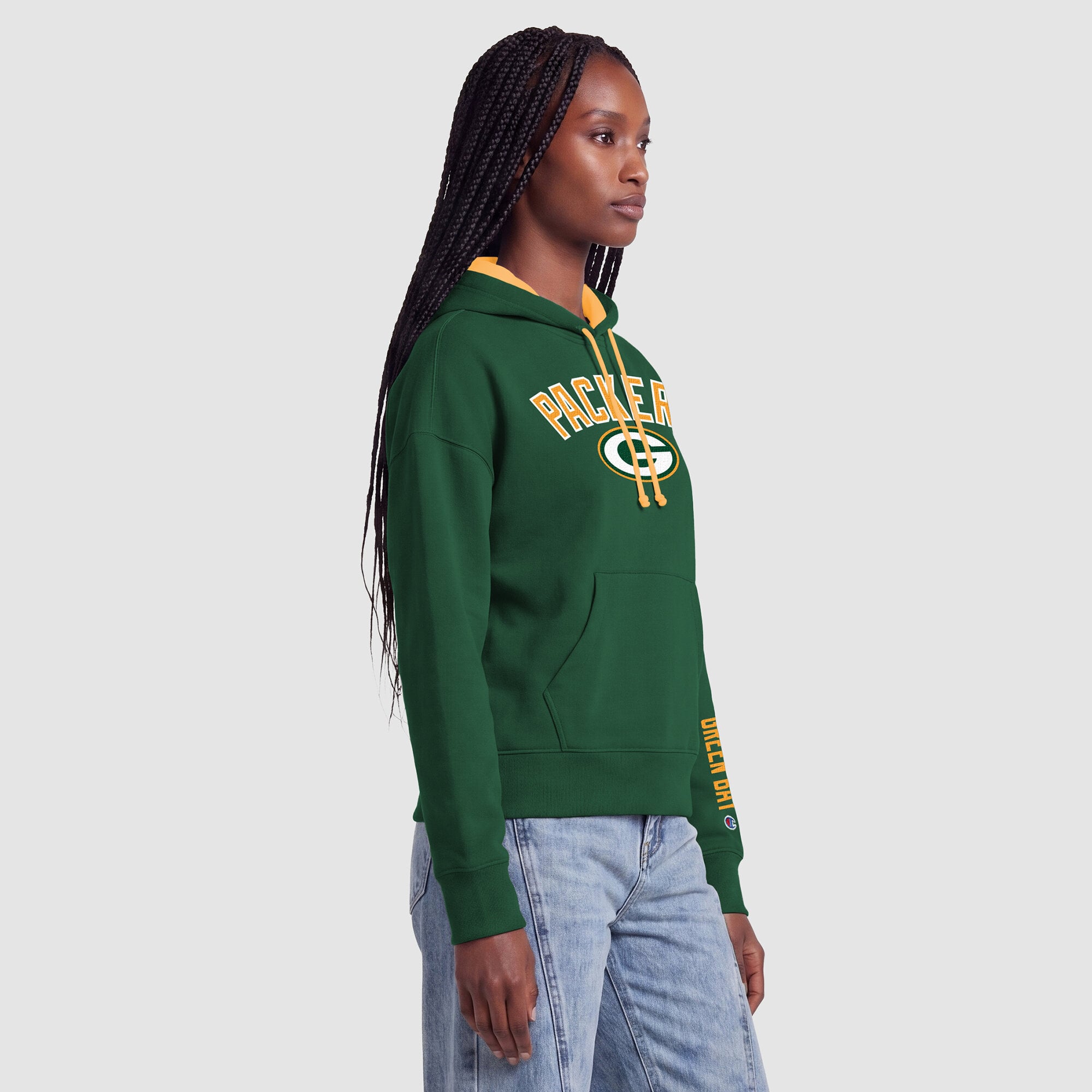 Sweat à capuche Champion vert et or Green Bay Packers pour femme avec doublure contrastée