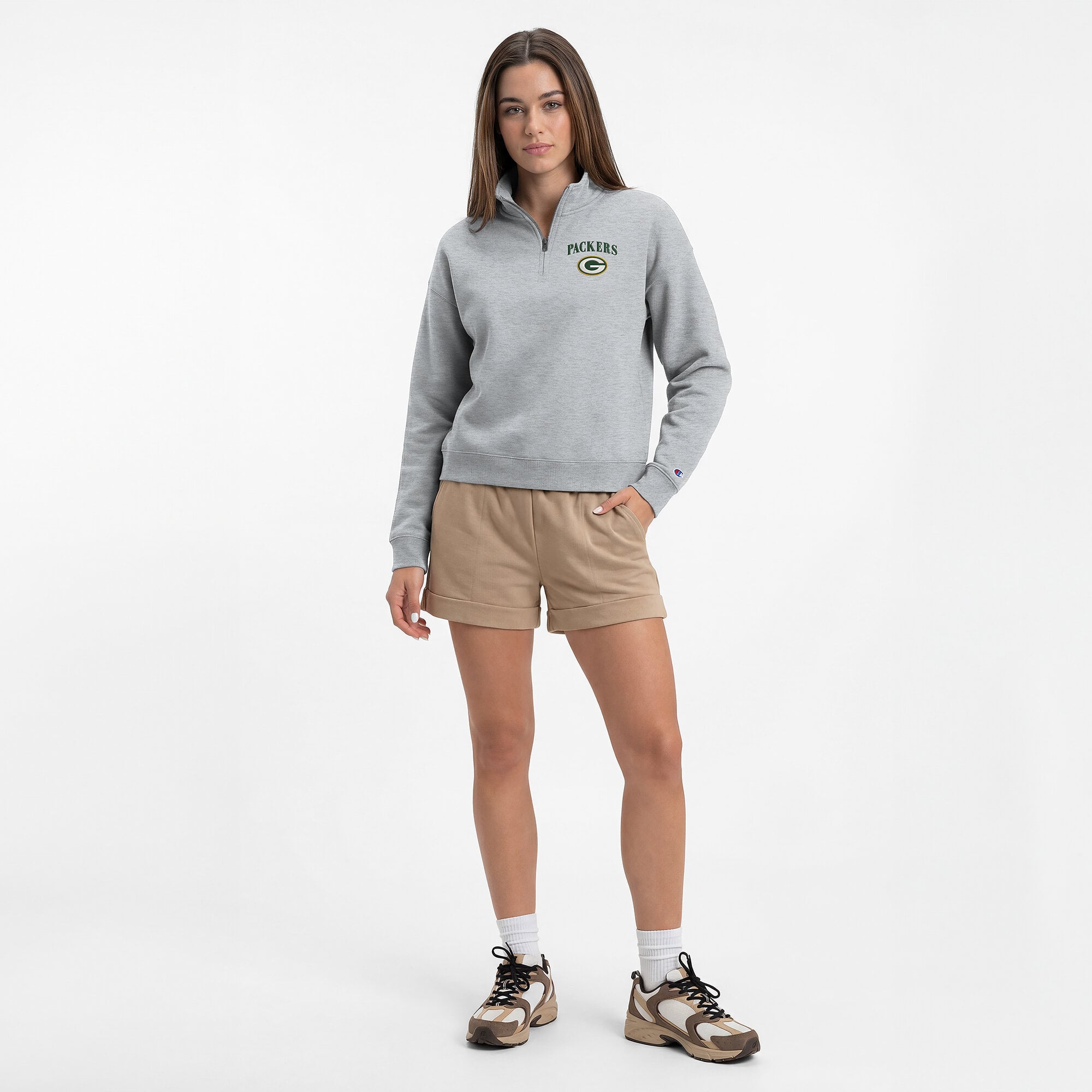 Sweat-shirt à col zippé Champion pour femme, gris chiné, Green Bay Packers, Powerblend