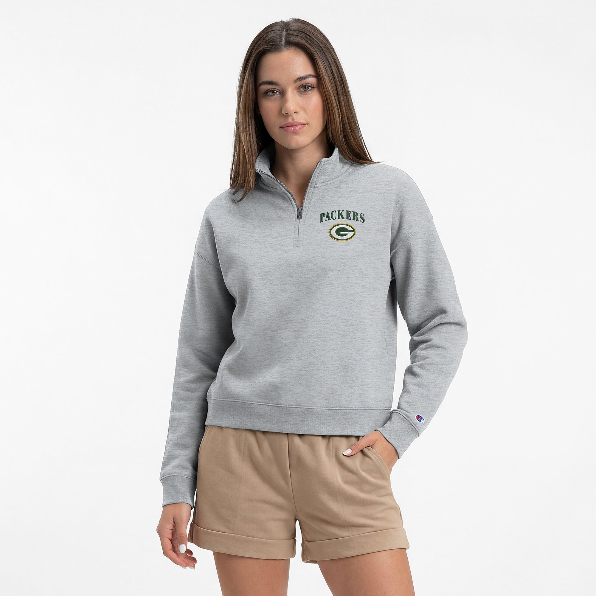 Women's Champion Heather Gray Green Bay Packers Powerblend Quarter-Zip Sweatshirt