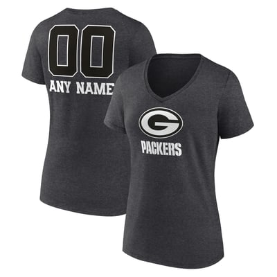 Green Bay Packers Women's Personalized Name & Number Monochrome V-Neck T-Shirt - Charcoal