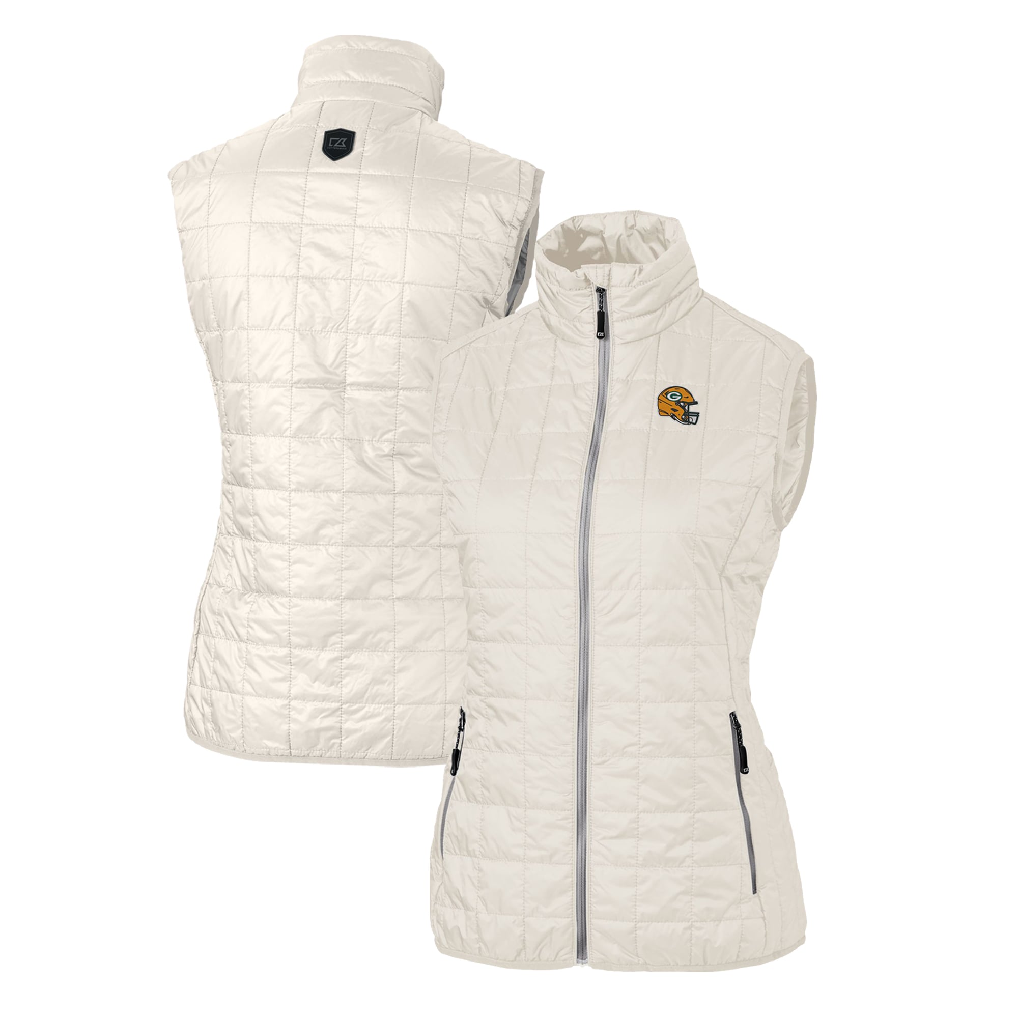 Gilet matelassé isolant entièrement zippé PrimaLoft Eco pour femme Cutter & Buck Heather Green avec logo du casque des Bay Packers Rainier