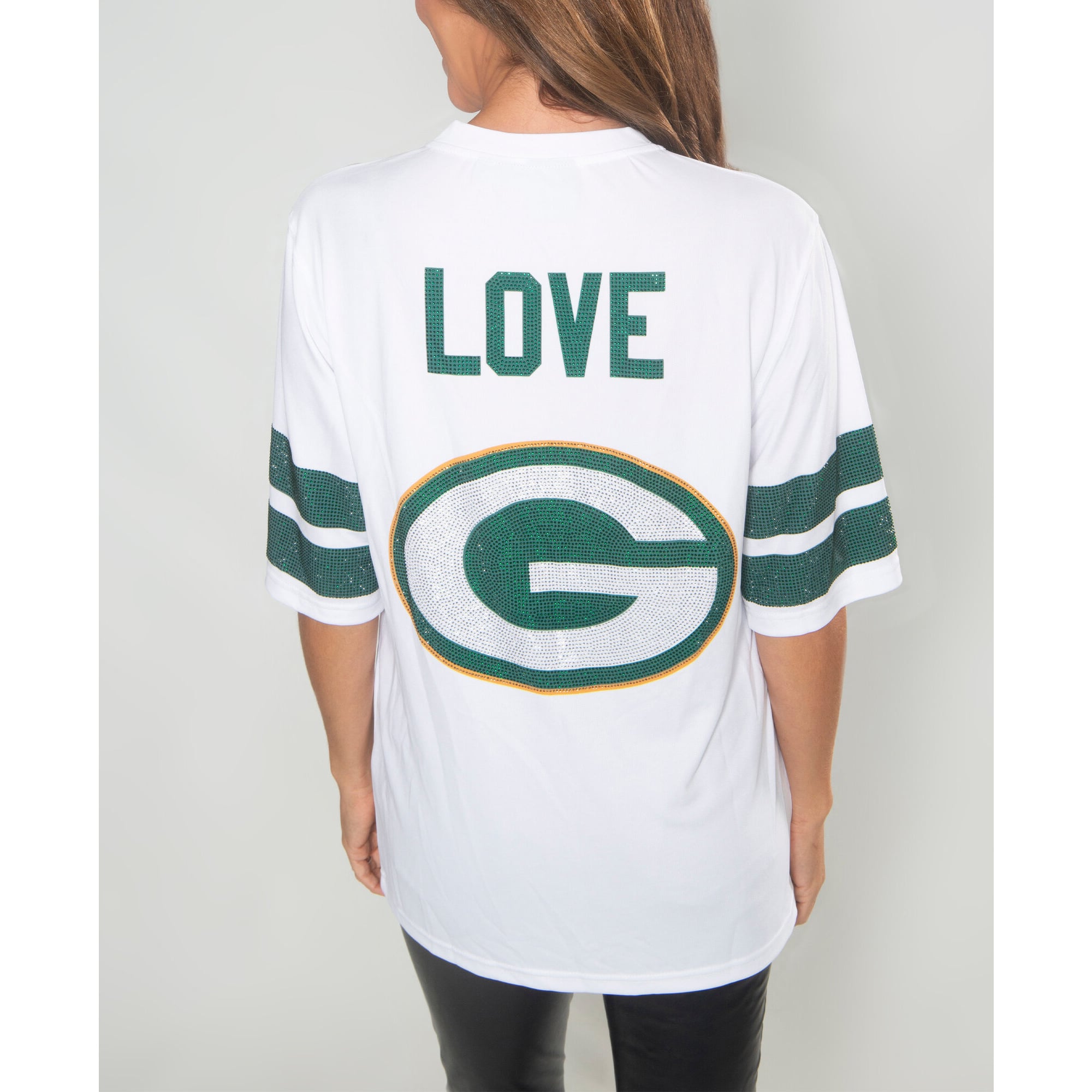 Women's FABGATING by Cuce Jordan Love White Green Bay Packers Crystal V-Neck Tunic