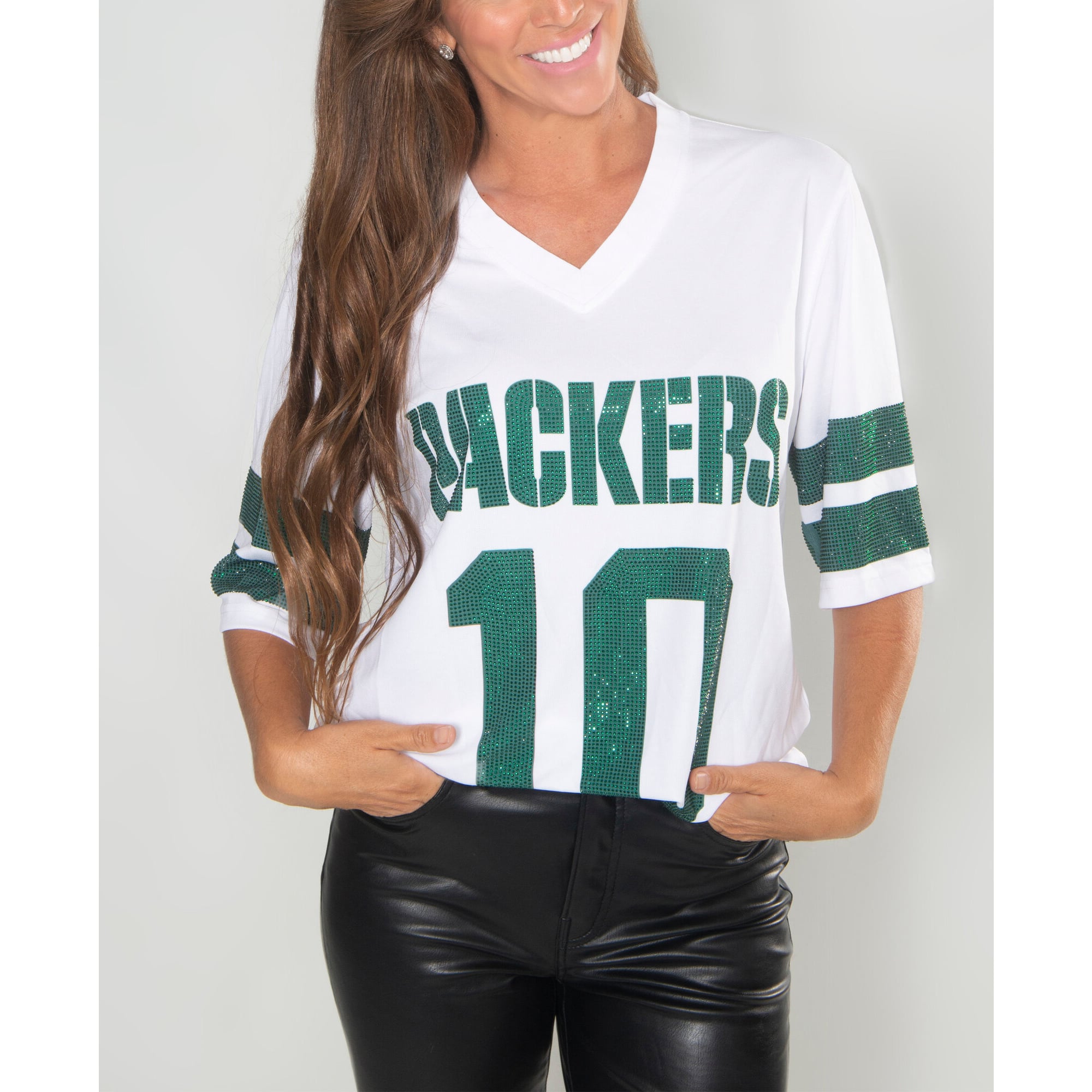 Women's FABGATING by Cuce Jordan Love White Green Bay Packers Crystal V-Neck Tunic