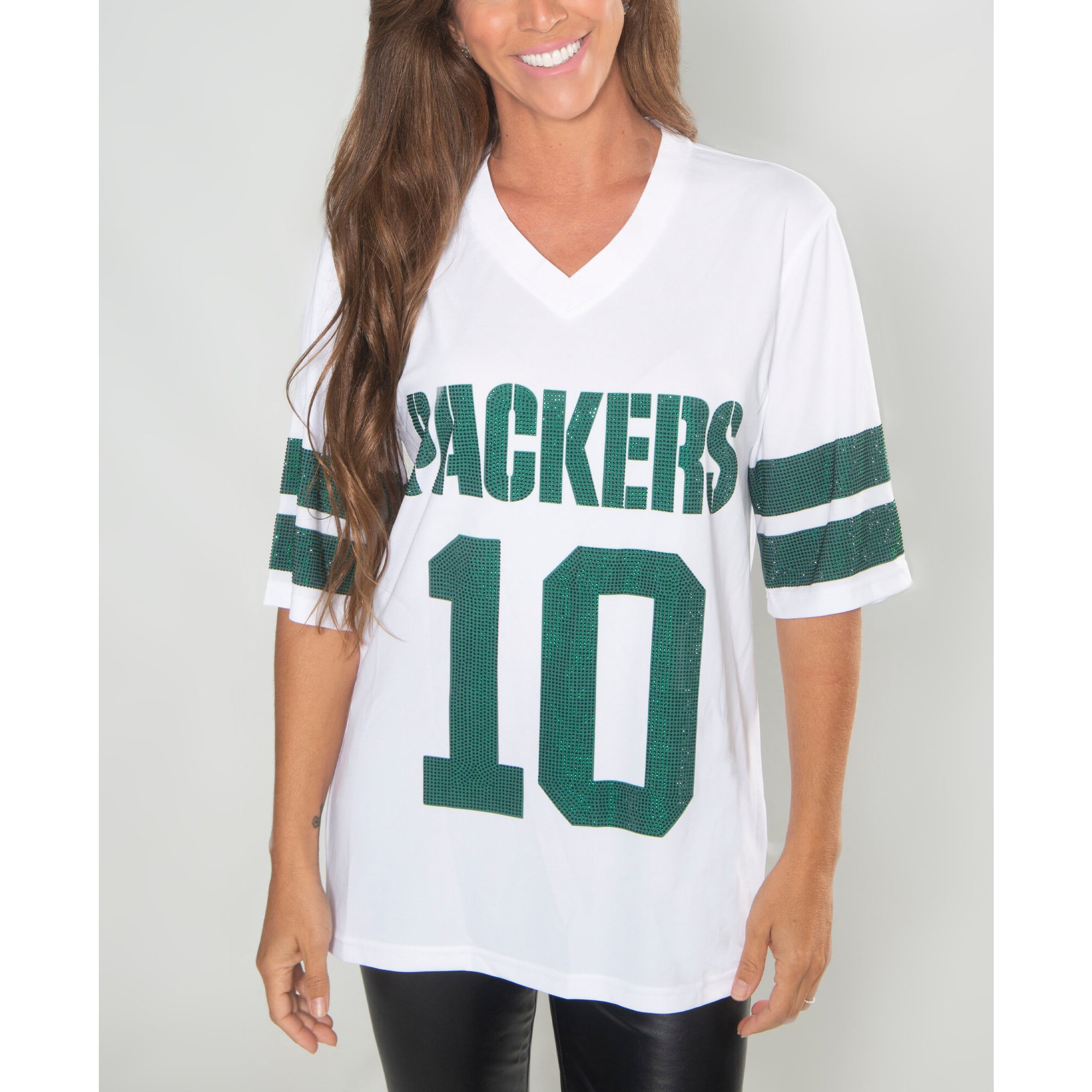 Women's FABGATING by Cuce Jordan Love White Green Bay Packers Crystal V-Neck Tunic
