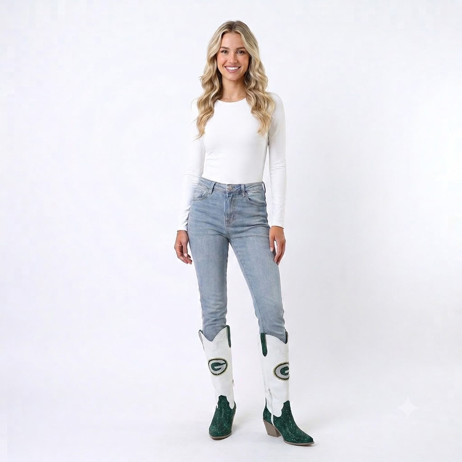 Bottes de cowboy blanches FABGATING by Cuce Green Bay Packers à cristaux pour femmes