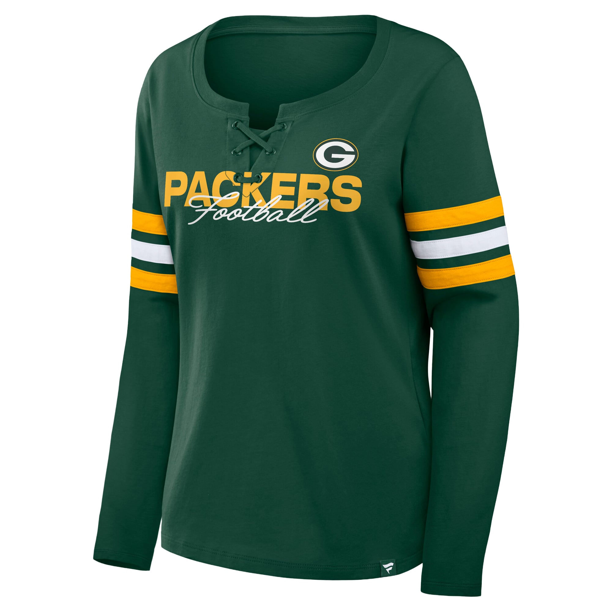 T-shirt à manches longues lacets Green Bay Packers pour femmes, vert et or, grande taille, Fanatics