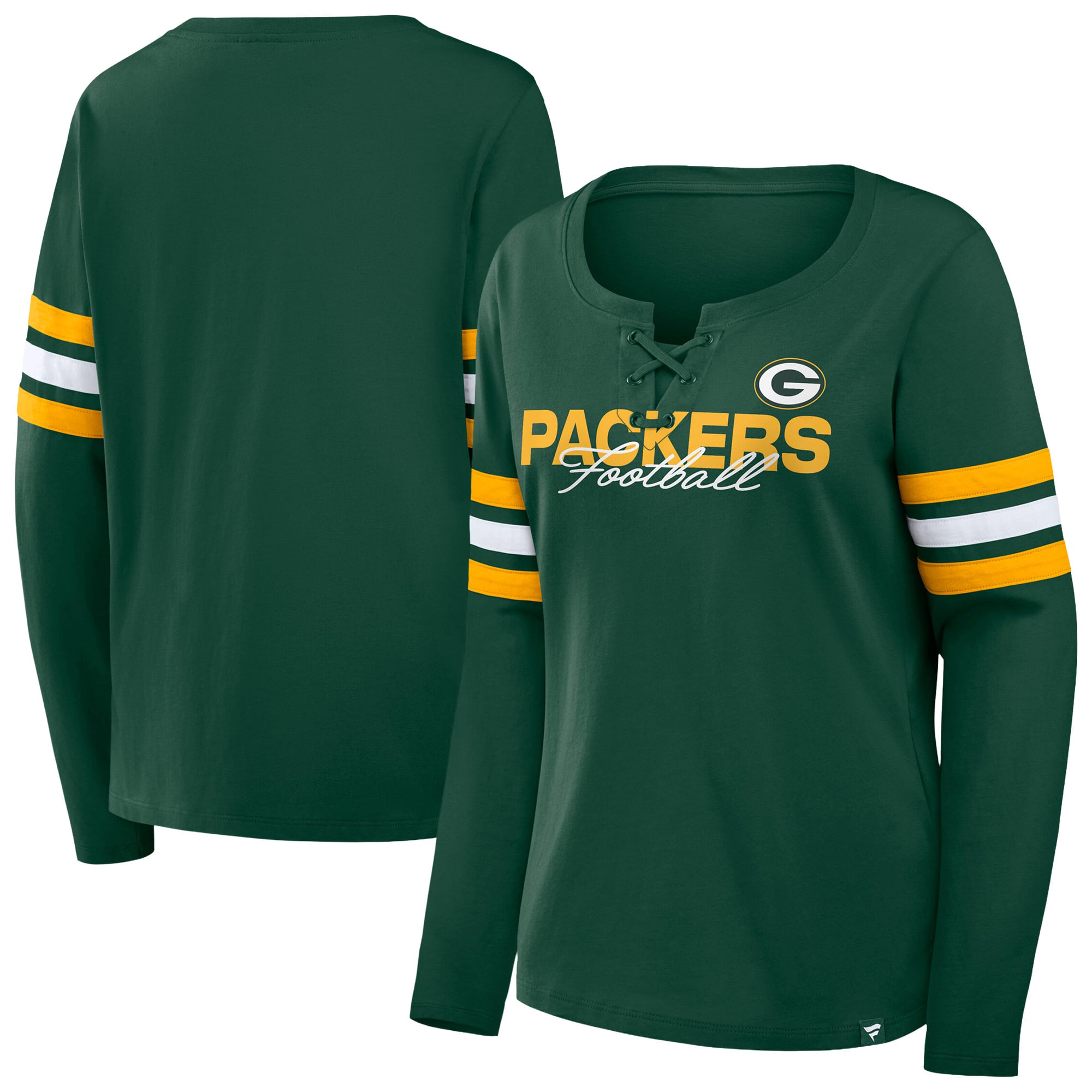 T-shirt à manches longues lacets Green Bay Packers pour femmes, vert et or, grande taille, Fanatics