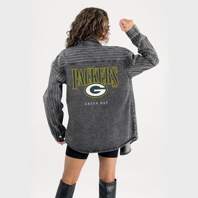  Green Bay Packers Gameday Couture Women's End Zone Energy Rhinestone Washed Full-Snap Denim Overshirt - Black