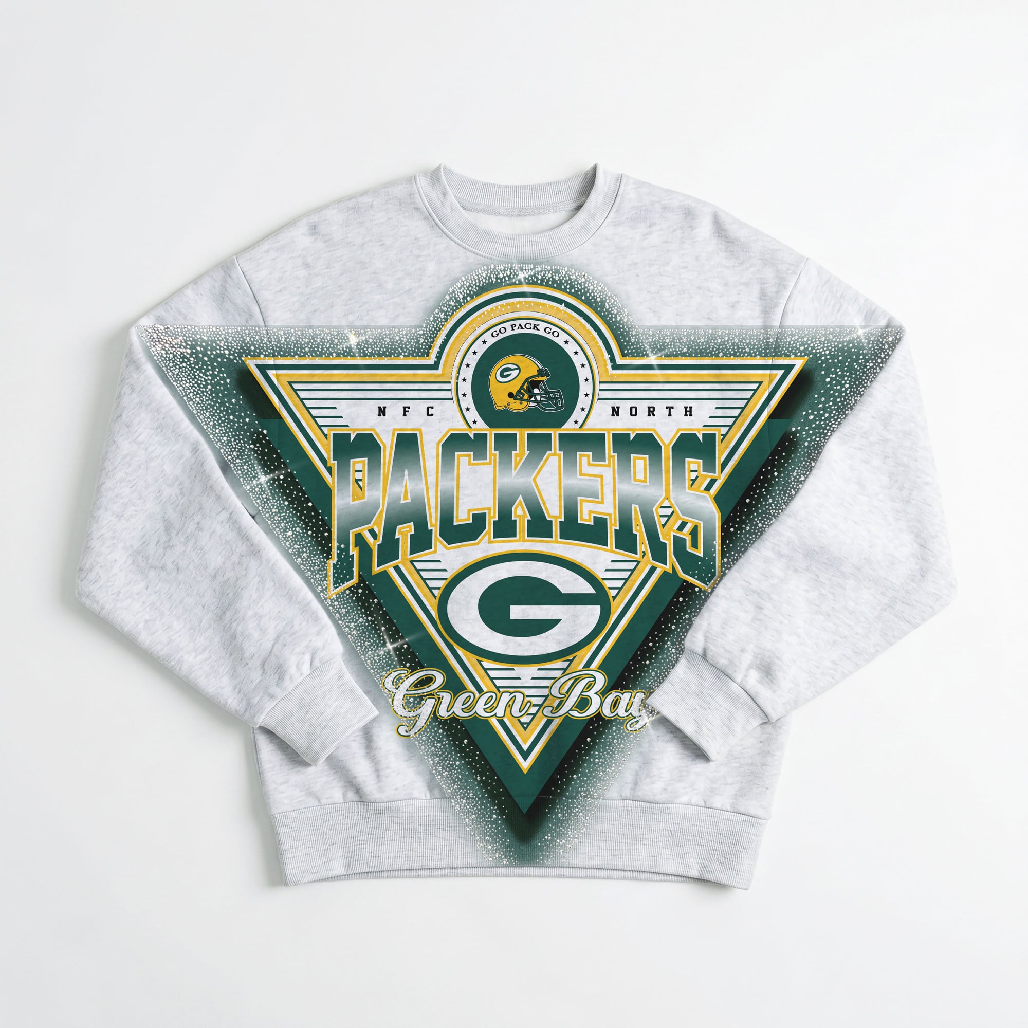 Sweat-shirt oversize en polaire pour femme, couleur gris chiné, orné de strass, des Green Bay Packers, collection Gameday Couture.