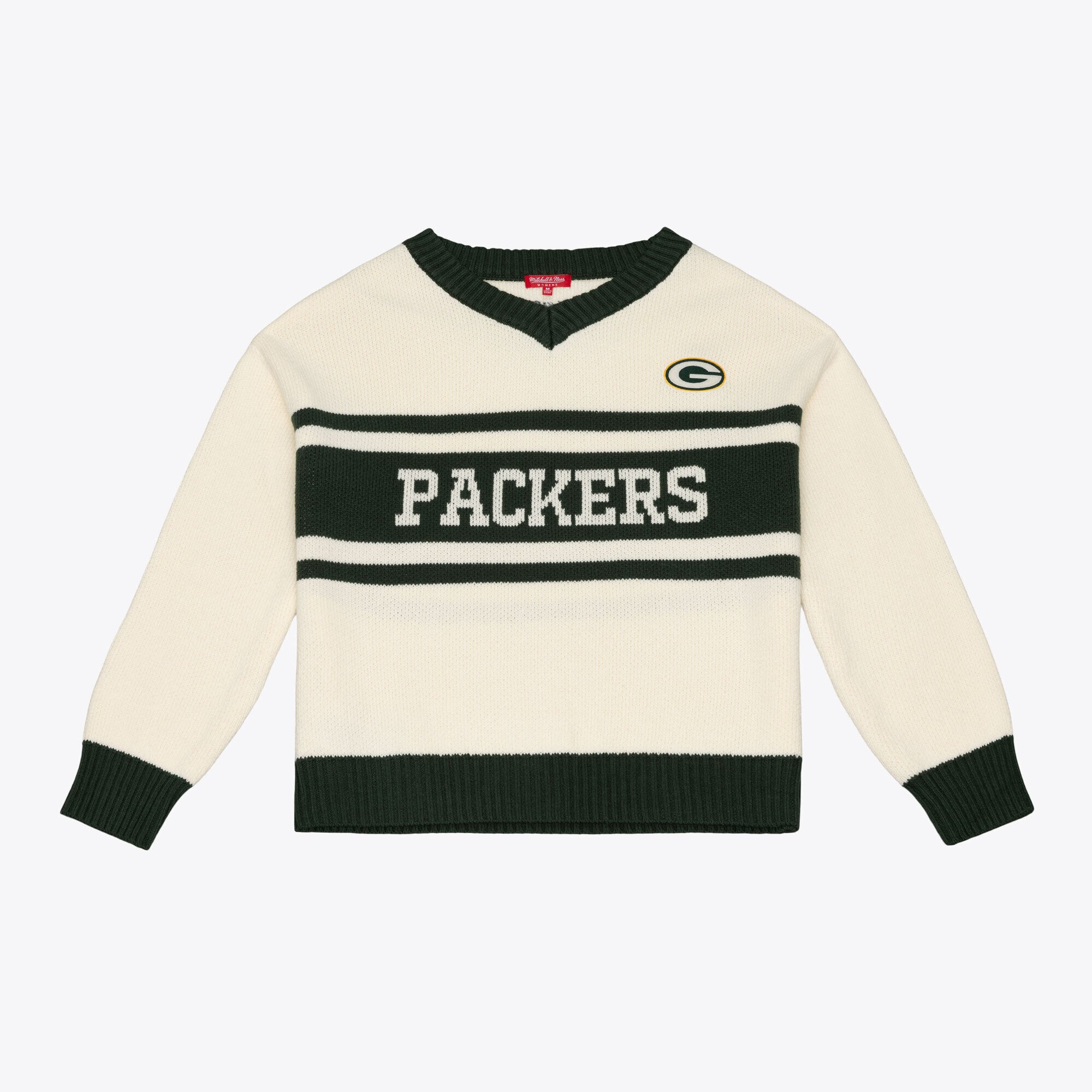 Pull col V Mitchell & Ness crème/vert Green Bay Packers Retro Roots pour femme