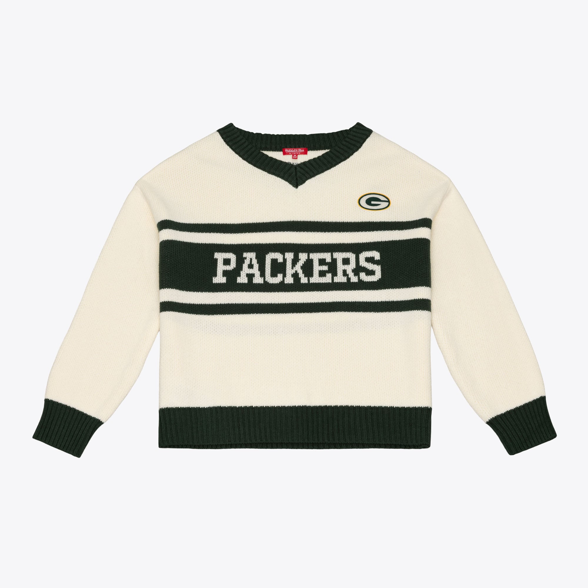 Women's Mitchell & Ness Cream/Green Green Bay Packers Retro Roots V-Neck Sweater