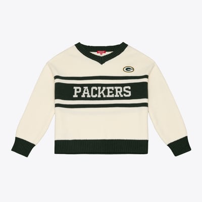 Green Bay Packers Mitchell & Ness Women's Retro Roots V-Neck Sweater - Cream/Green